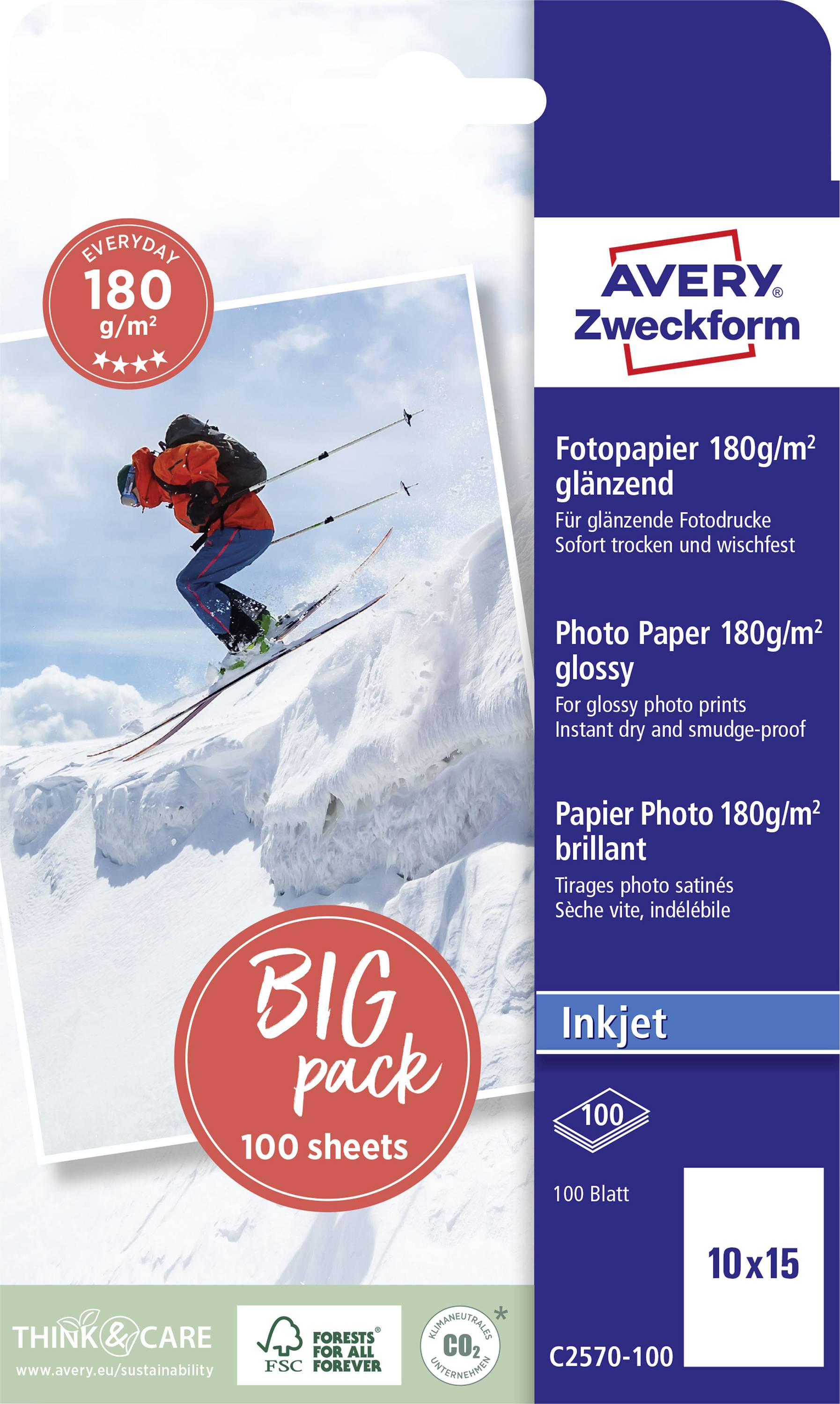 Verpackung von Avery Zweckform Fotopapier: 100 Blatt, 180 g/m², glänzend, für Tintenstrahldrucker. Enthält FSC-Logo.