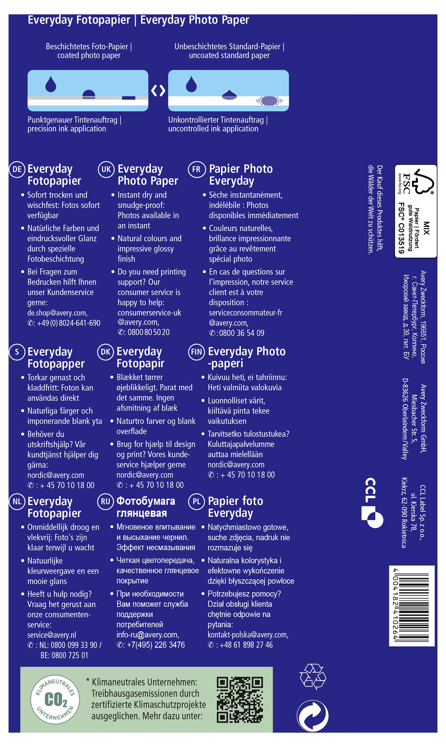 Produktverpackung für Everyday Fotopapier. Enthält Informationen in mehreren Sprachen zu Hersteller, Gewicht, Größe und Barcode.
