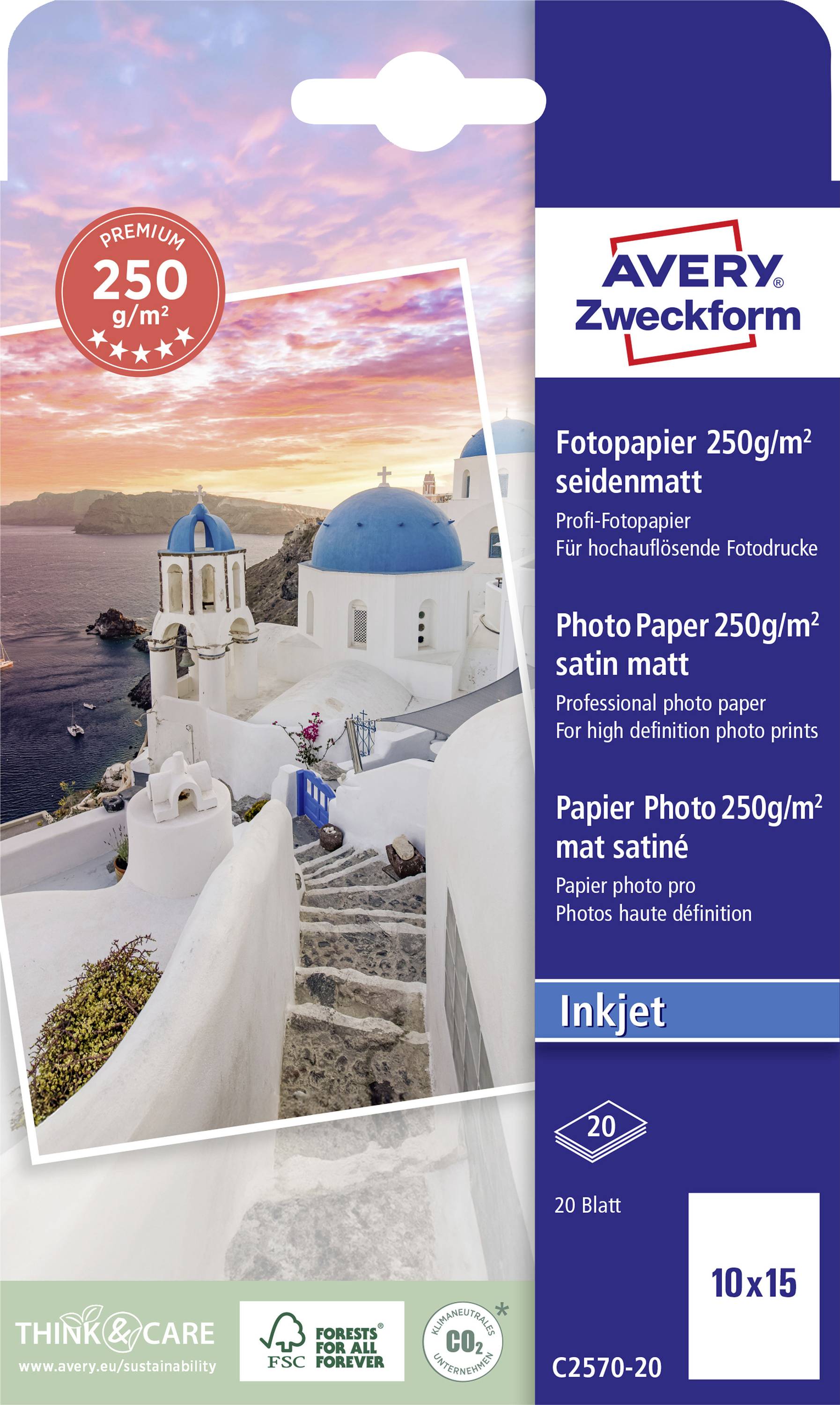 Verpackung für Avery Zweckform Fotopapier, 250 g/m² seidenmatt, 10x15 cm, 20 Blatt für Inkjet-Drucker. Foto zeigt Santorin-Ansicht.