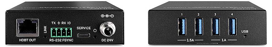 Zwei Geräte mit USB-Anschlüssen und Netzteilanschluss, eines zeigt Netzwerk- und Seriports, das andere vier USB-Anschlüsse.