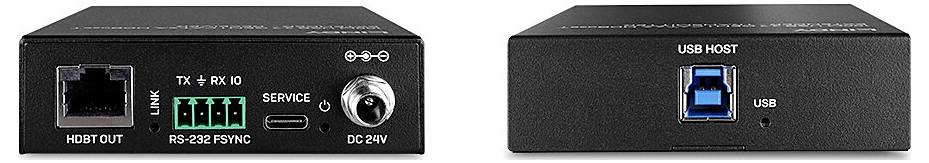 Zwei Ansichtsperspektiven eines elektronischen Geräts mit verschiedenen Anschlüssen: Ethernet, RS-232, USB, Service- und Stromanschluss.