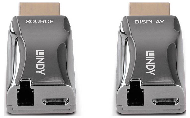 Zwei Adapter mit der Aufschrift 'SOURCE' und 'DISPLAY'. Der linke Adapter hat einen HDMI-Eingang, der rechte einen HDMI-Ausgang.