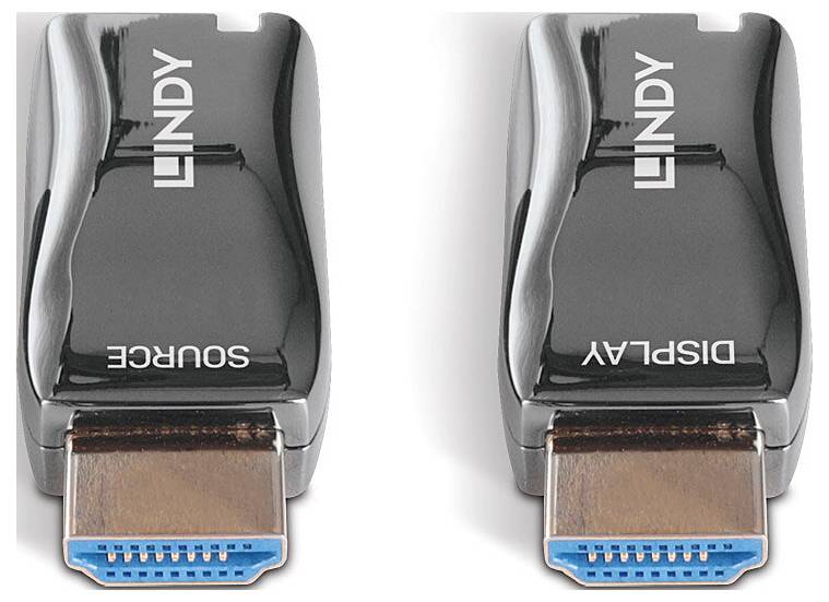 'Eins-auf-zwei HDMI-Videoverteiler von Lindy, zeigt zwei HDMI-Anschlüsse, beschriftet mit 'Source' und 'Display' auf schwarzer Oberfläche.'