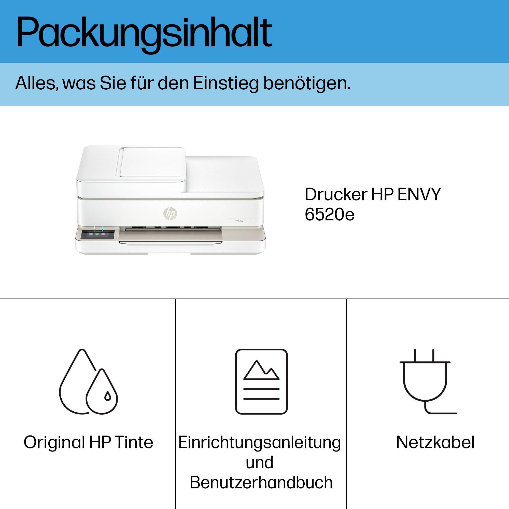 Packungsinhalt: Drucker HP ENVY 6520e, Original HP Tinte, Einrichtungshandbuch, Netzkabel.