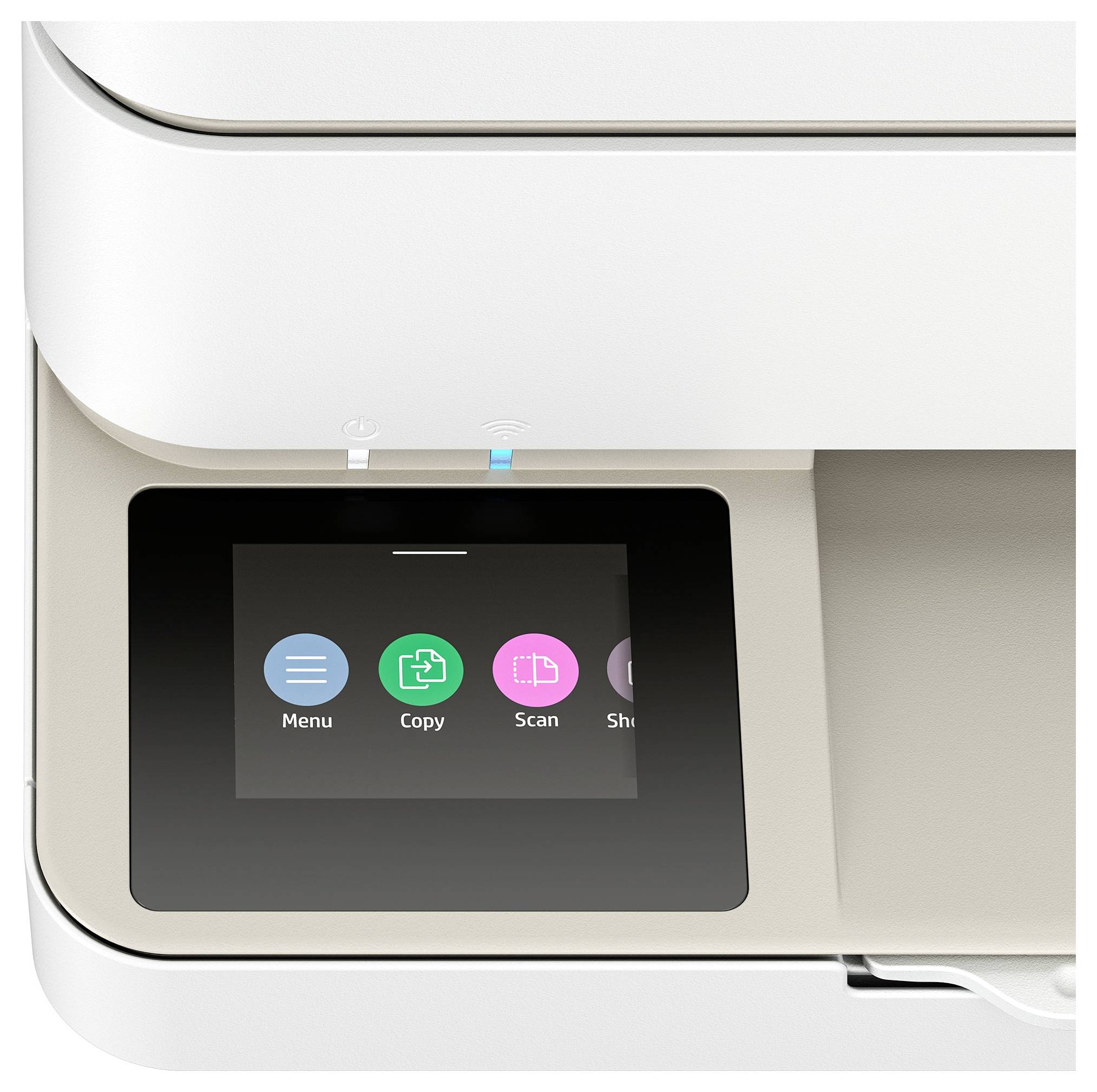 Ein Multifunktionsdrucker-Display zeigt Optionen: 'Menü', 'Kopieren', 'Scannen' und 'Drucken'.