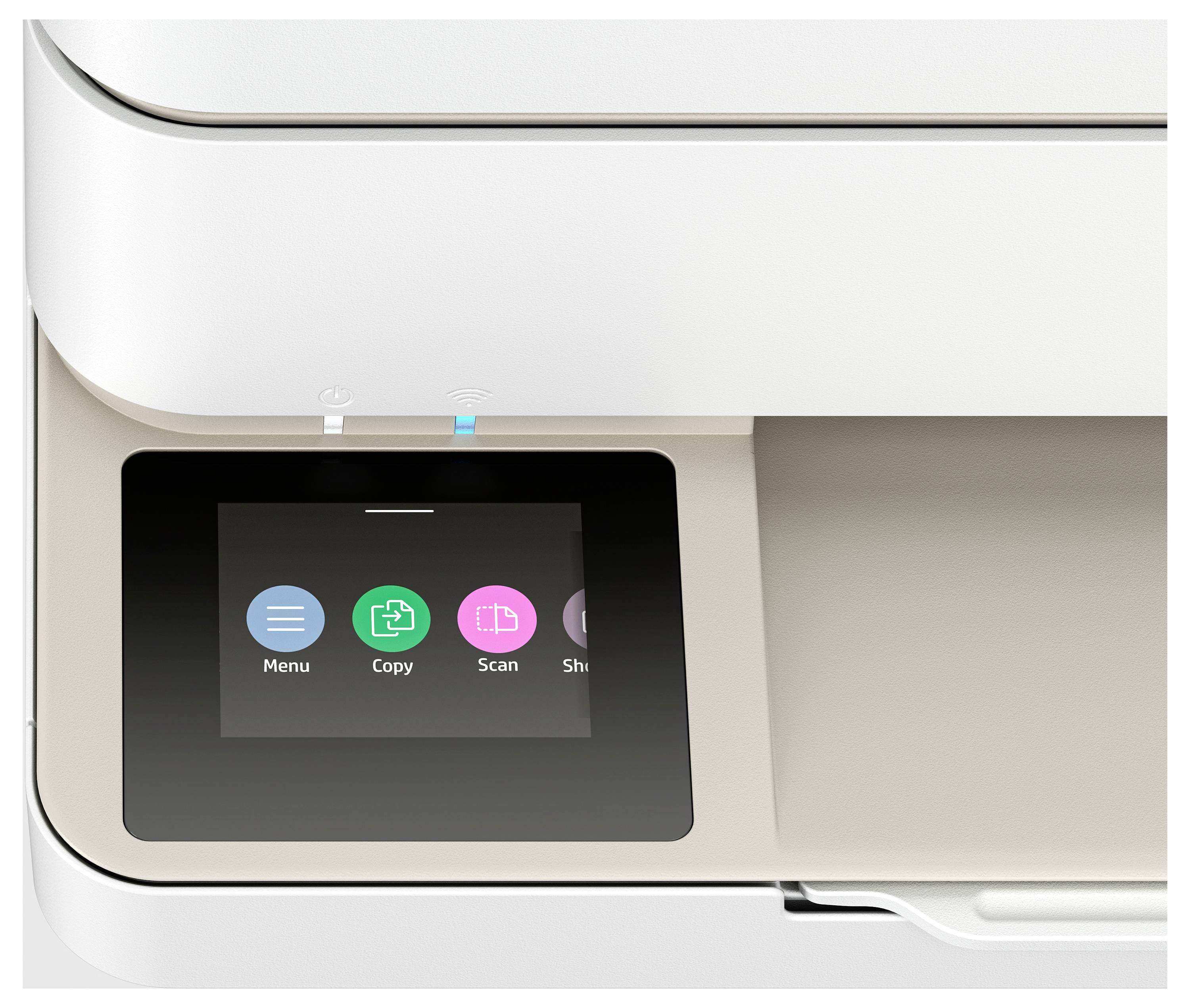 Ein Drucker-Bedienfeld mit einem Bildschirm, der Symbole für 'Menü', 'Kopieren', 'Scannen' und 'Einstellungen' zeigt.