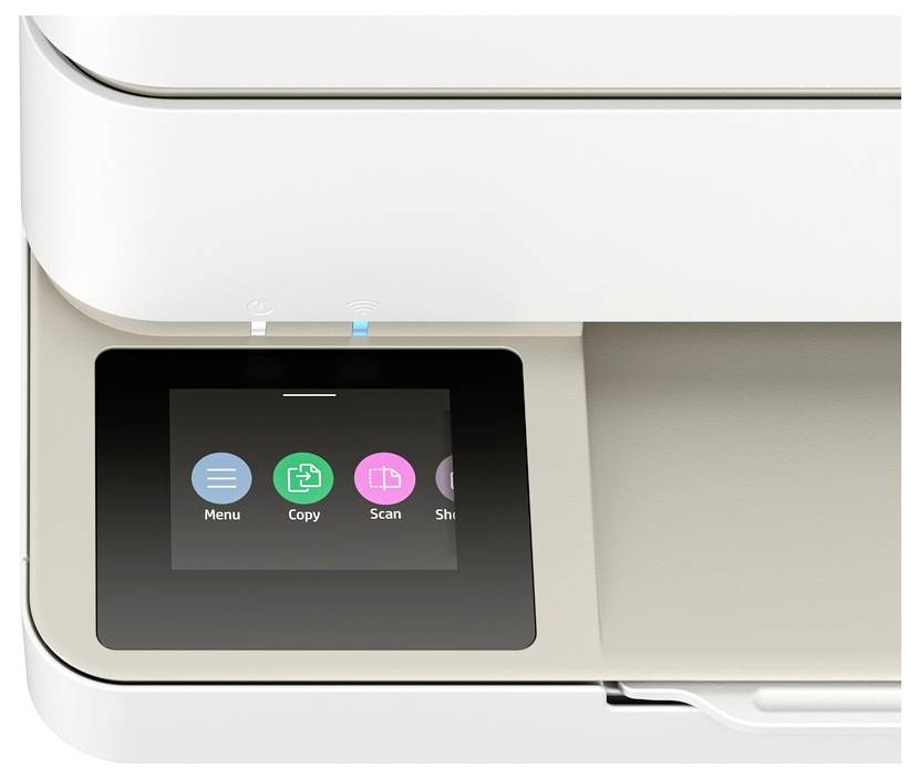 Drucker-Touchscreen zeigt Optionen: 'Menü', 'Kopieren', 'Scannen', 'Einstellungen'. Gerät bereit zum Start.