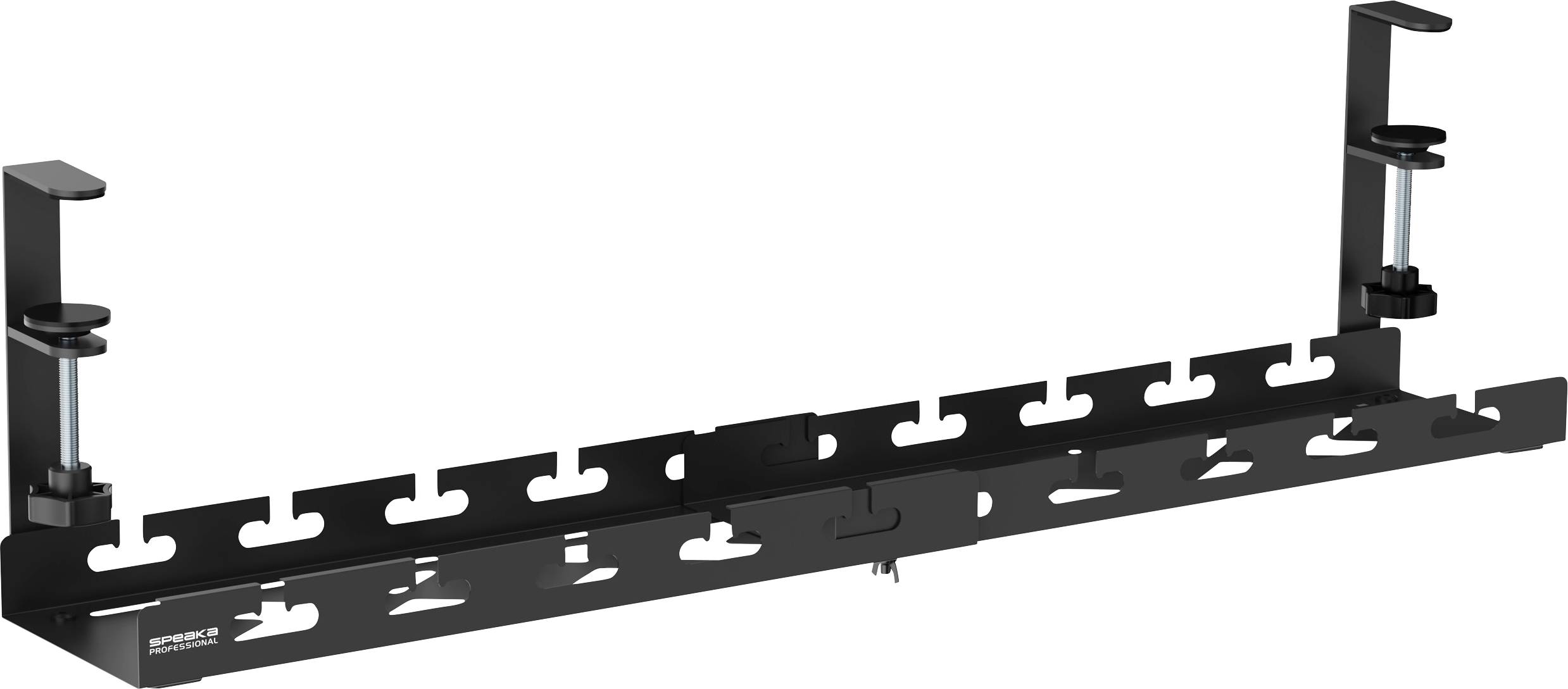 Horizontaler Kabelführungsbügel zur Tischbefestigung, schwarz, mit mehreren Kabeldurchlässen und zwei Klemmhalterungen.