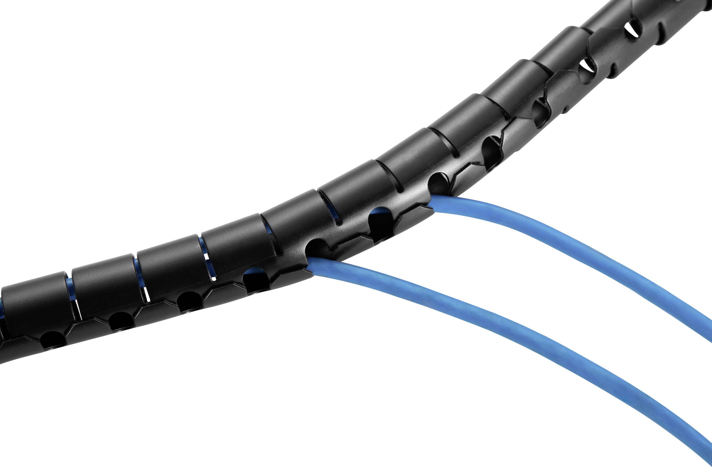 Zwei blaue Kabel verlaufen durch eine schwarze Kabelspirale, die zur Organisation und Bündelung von Kabeln dient.