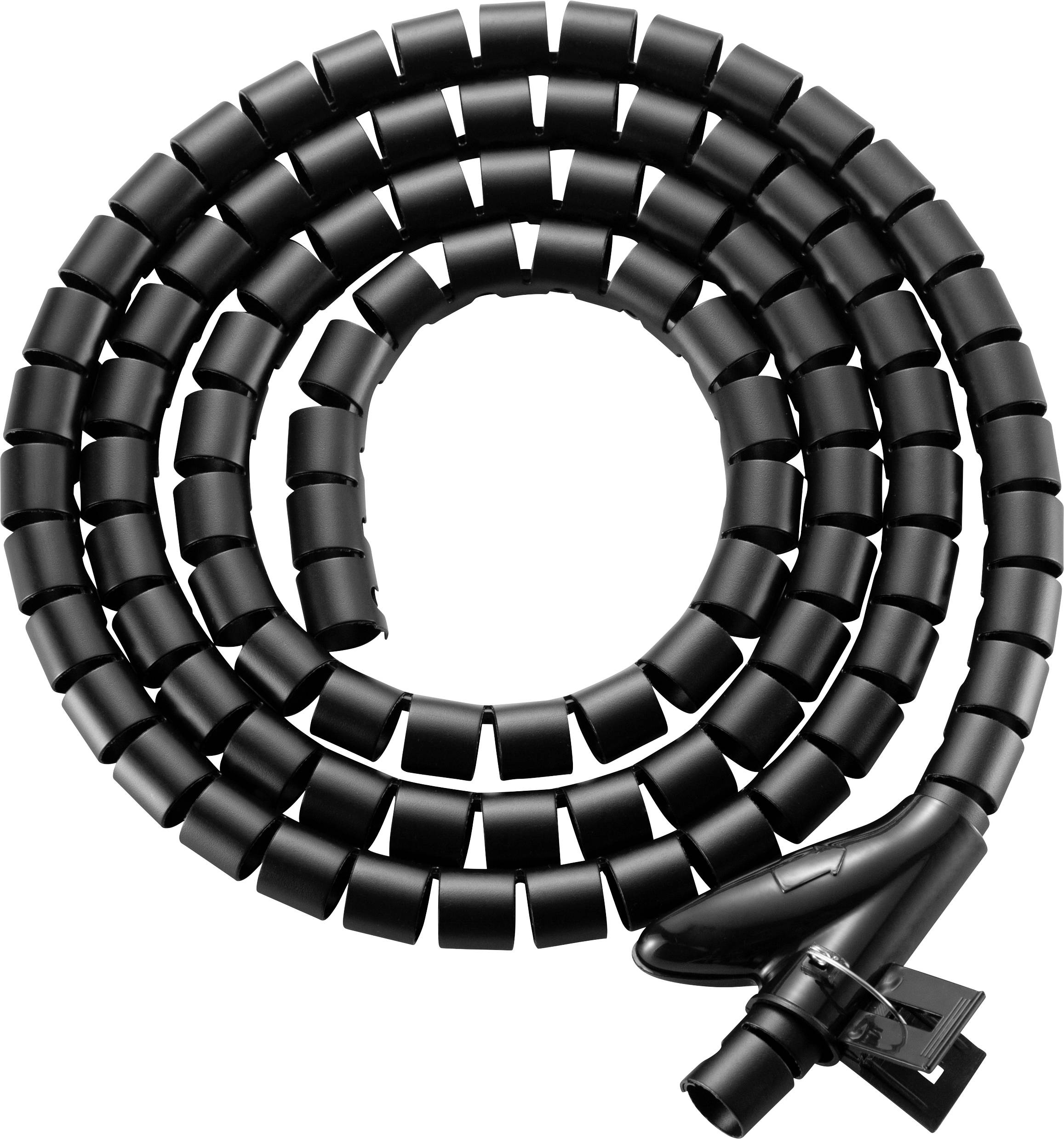 Schwarzer flexibler Kabelschutzschlauch, spiralig aufgewickelt. Ideal zum Bündeln und Schützen von Kabeln vor Beschädigungen.