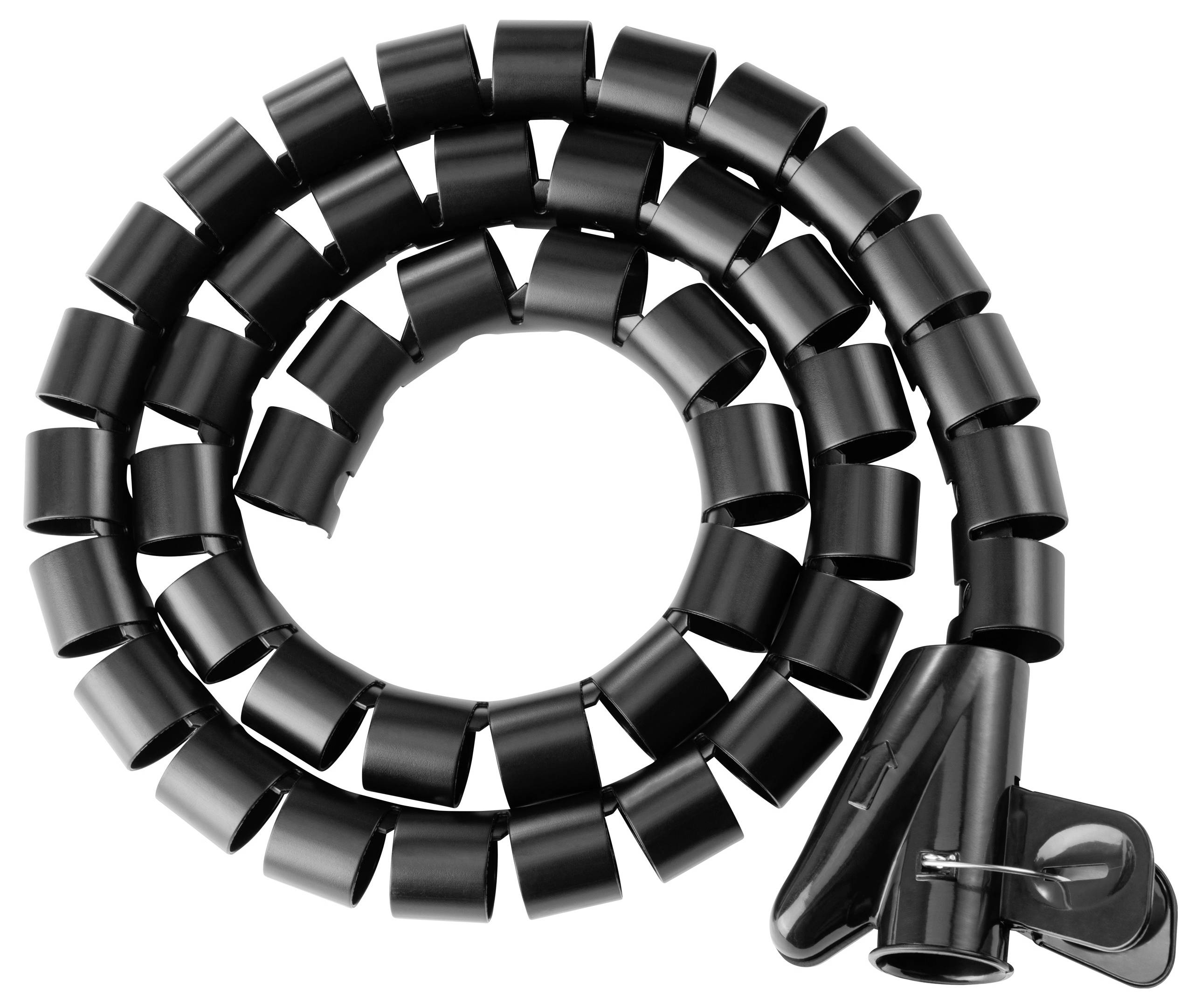 Ein schwarzer Kabelkanal in Spiralform, der verwendet wird, um mehrere Kabel zu bündeln und zu ordnen.