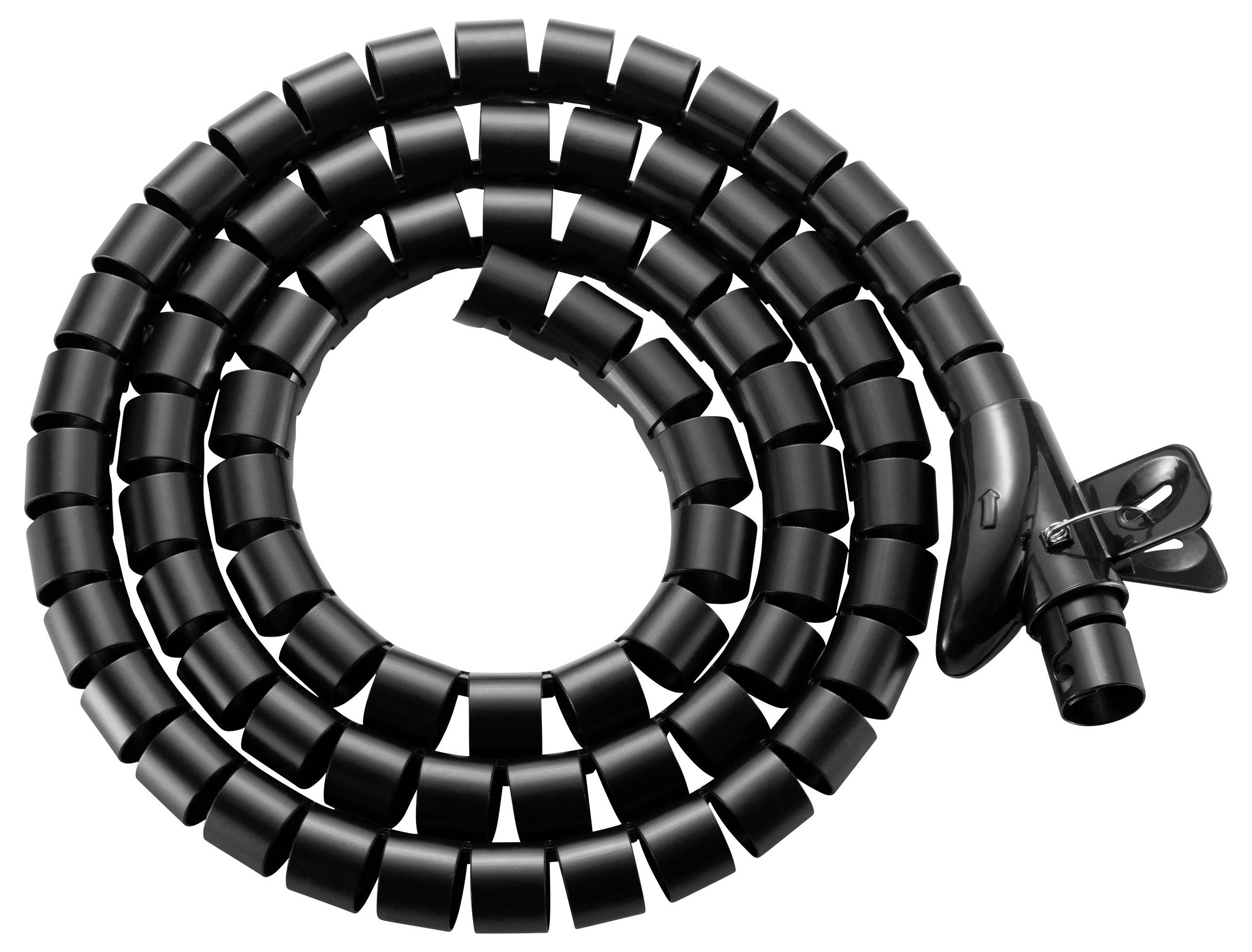Schwarzer Kabelschutzschlauch in Spiralflex-Form, aufgerollt auf weißem Hintergrund. Verwendet zur Bündelung und zum Schutz von Kabeln.