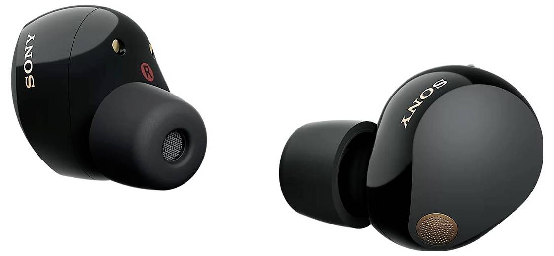 Kabellose schwarze Ohrhörer mit Sony-Logo, einem kleinen Mikrofon und ergonomischer Passform. Ideal für mobilen Musikgenuss.