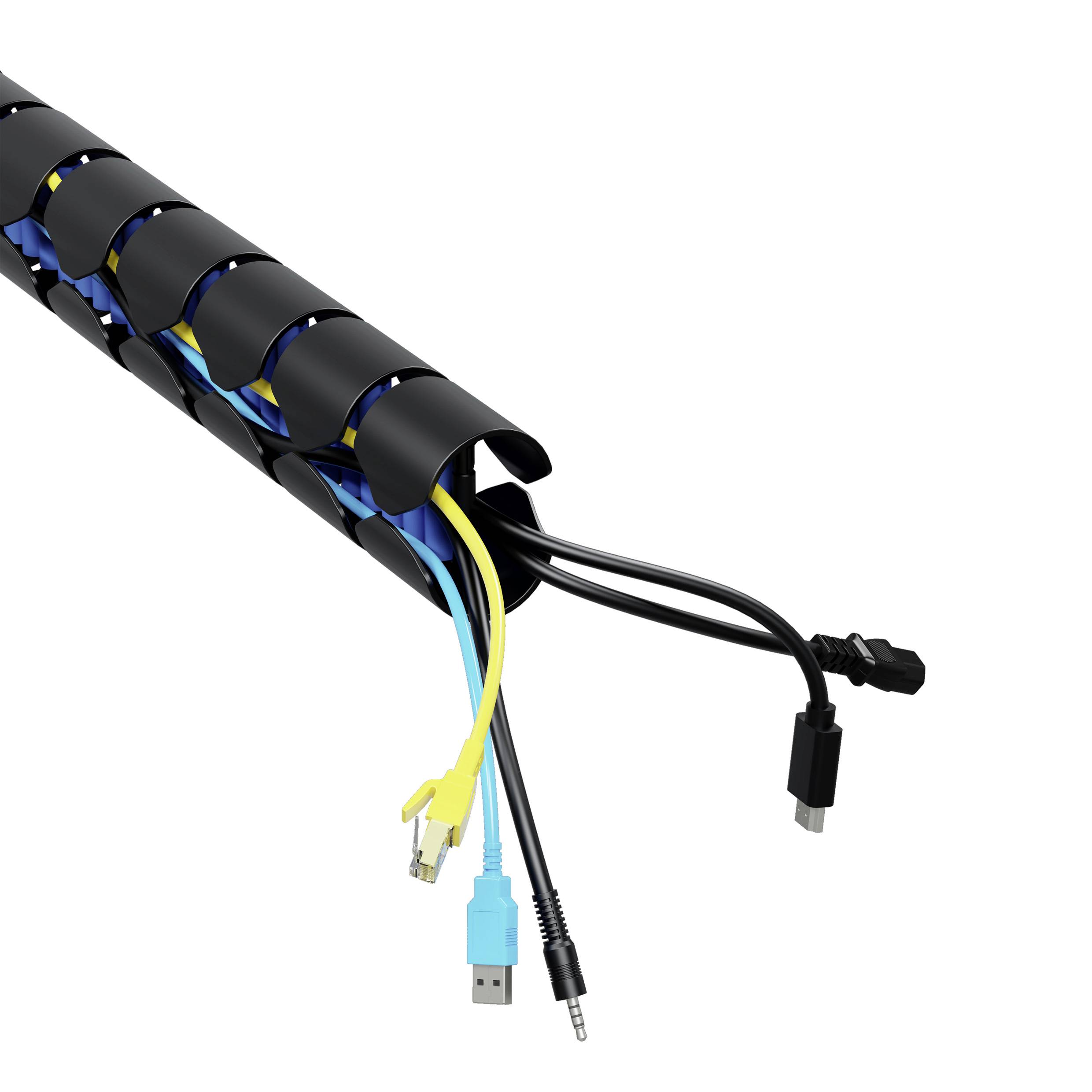 Ein Kabelkanal umhüllt mehrere Kabel, darunter USB-, Netzwerk- und Audiokabel, um Ordnung und Schutz zu gewährleisten.