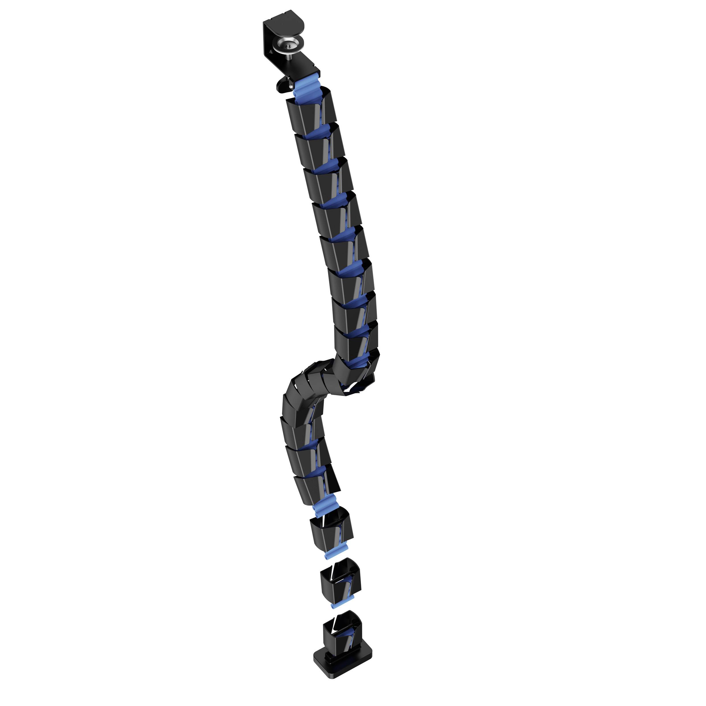 Das Bild zeigt eine flexible, segmentierte Kabelkette in Schwarz und Blau zur Führung von Kabeln in Maschinen oder industriellen Anwendungen.