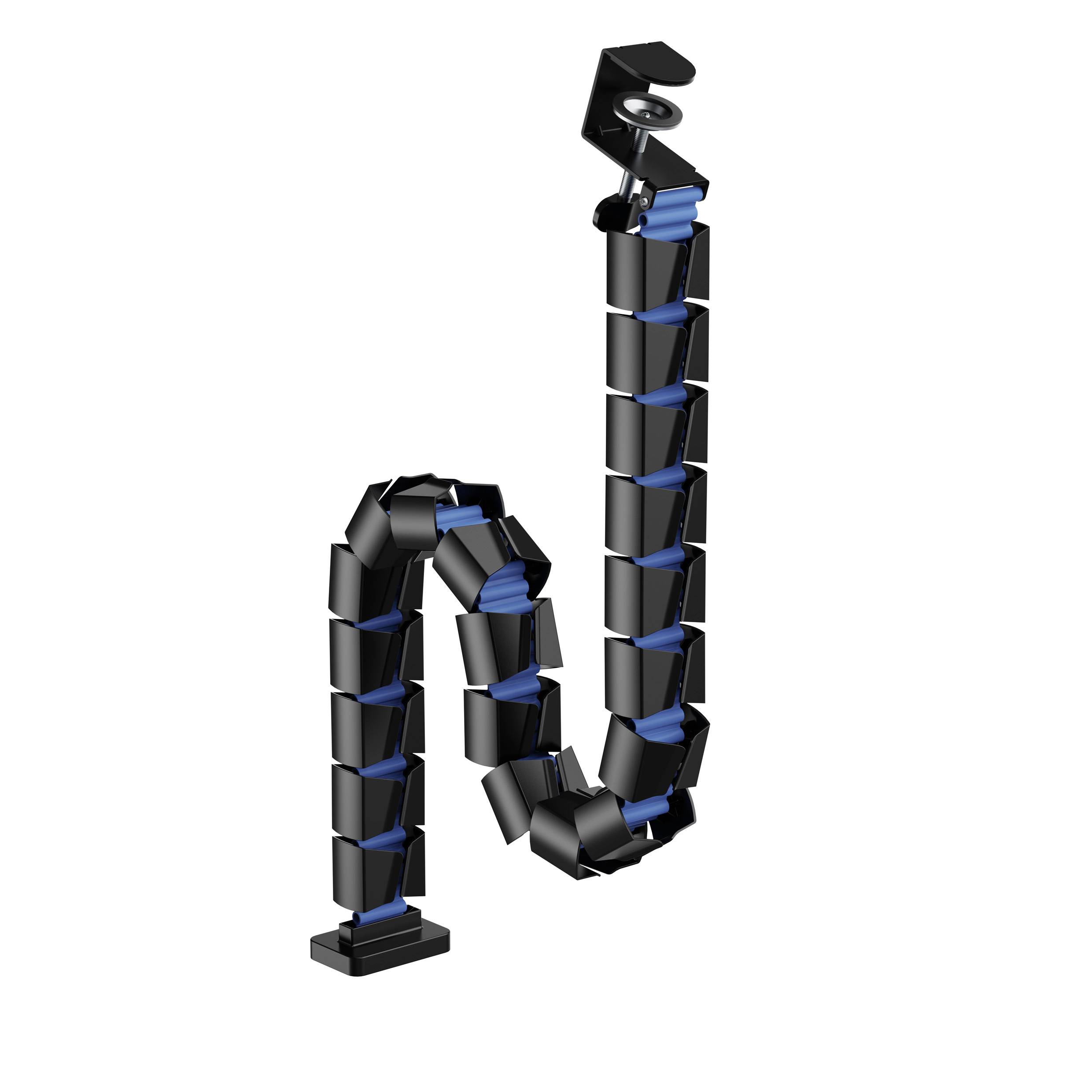 Ein flexibler Kabelkanal in L-Form mit schwarzen Segmenten und blauen Verbindern, ideal zum ordentlichen Verstecken von Kabeln.