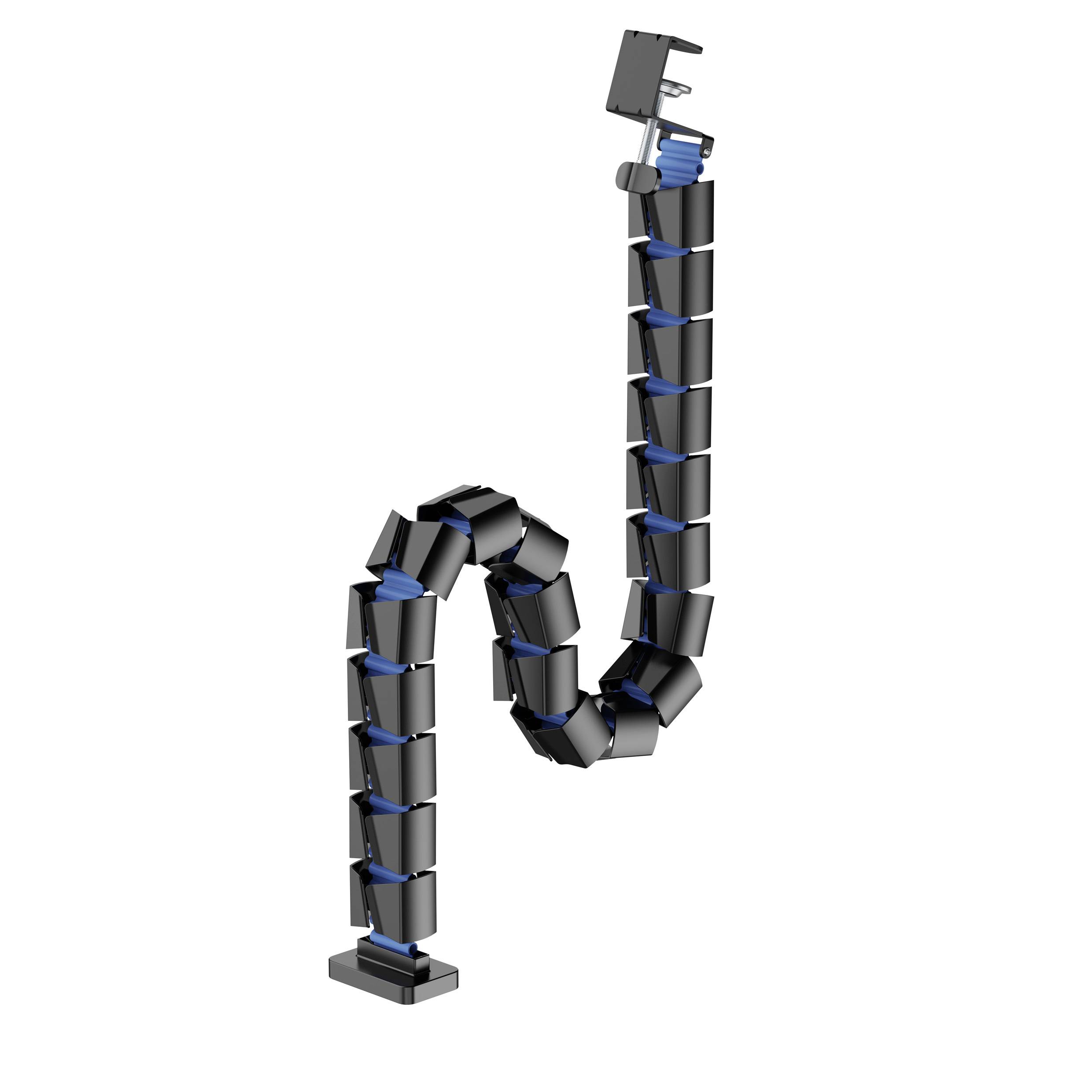 Flexibler Kabelmanagement-Kanal in Schwarz mit blauen Elementen, zeigt eine S-förmige Biegung. Ideal zur Organisation von Kabeln.
