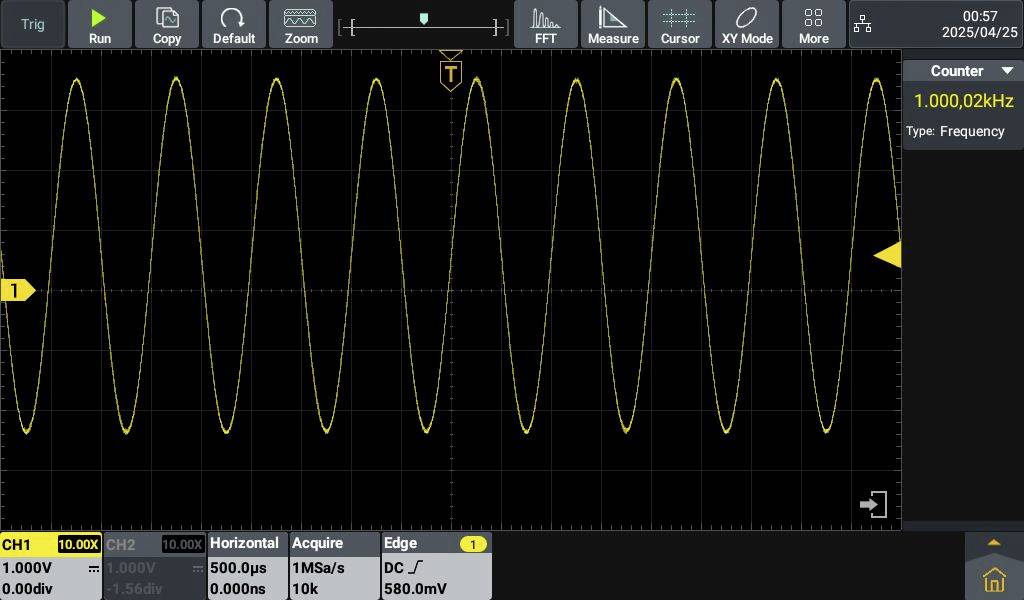 Oszilloskop-Anzeige eines Sinuswellensignals mit einer Frequenz von 1,000 kHz und einer Amplitude von 1,00 V bei 10,00 kHz.