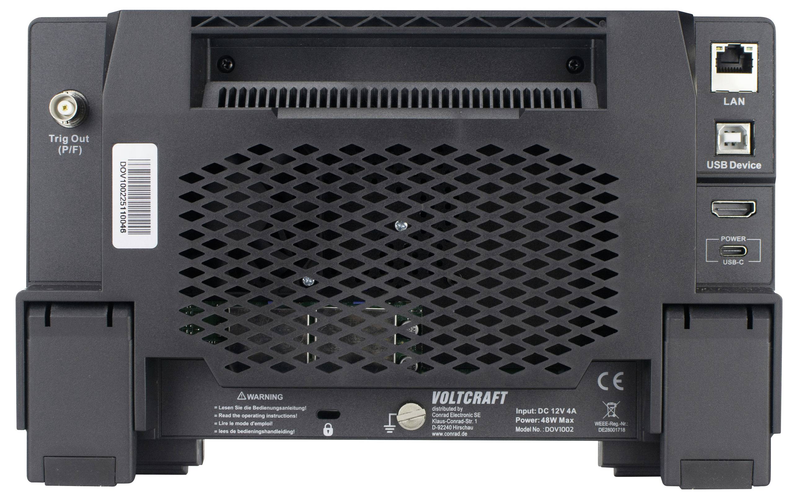 Rückseite eines technischen Geräts mit LAN- und USB-Anschlüssen, Stromanschluss und Lüftungsgitter. Markenname 'VOLTCARFT' sichtbar.