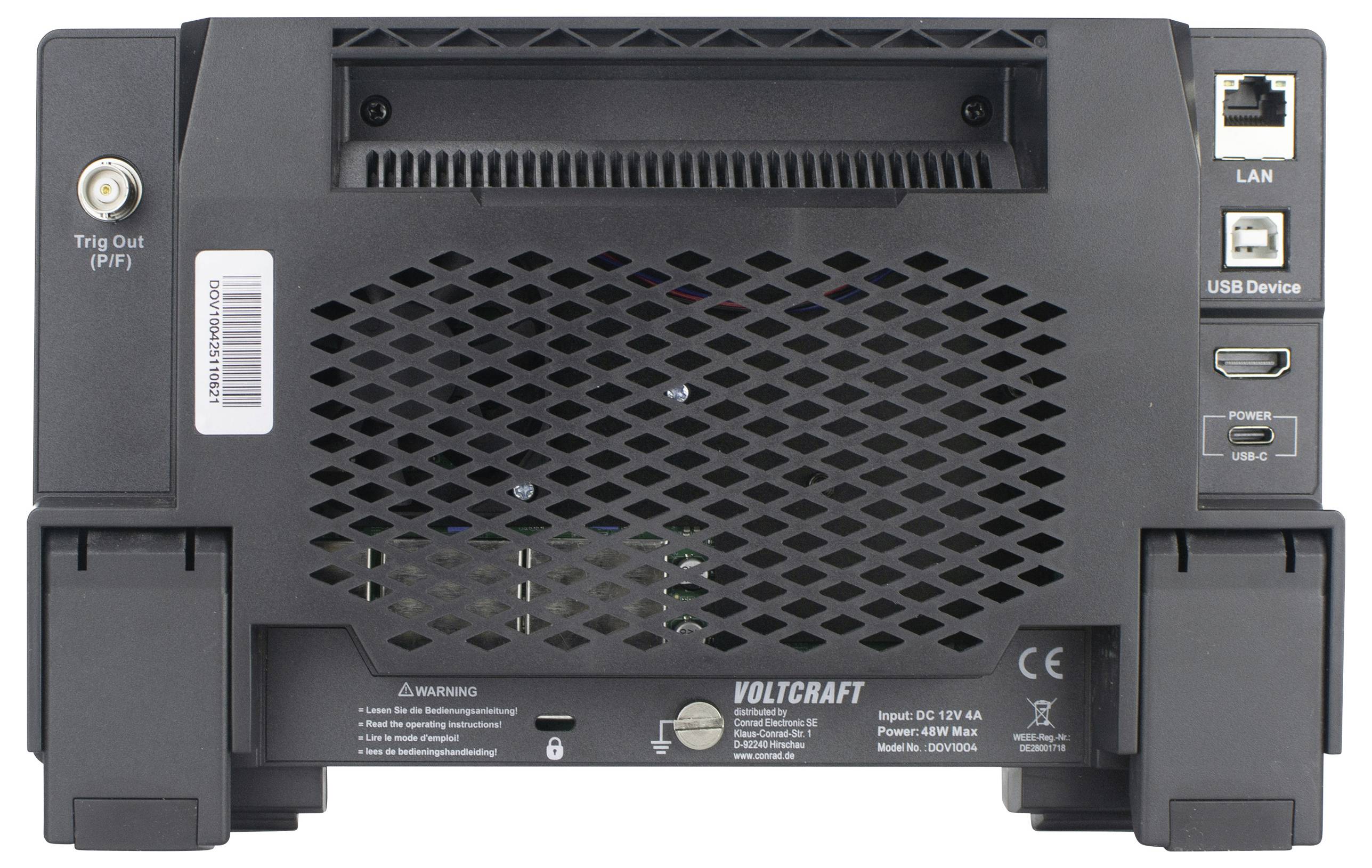 Rückansicht eines Voltcraft-Geräts mit LAN-, USB-Anschlüssen, Lüftungsgitter und Warnhinweisen.