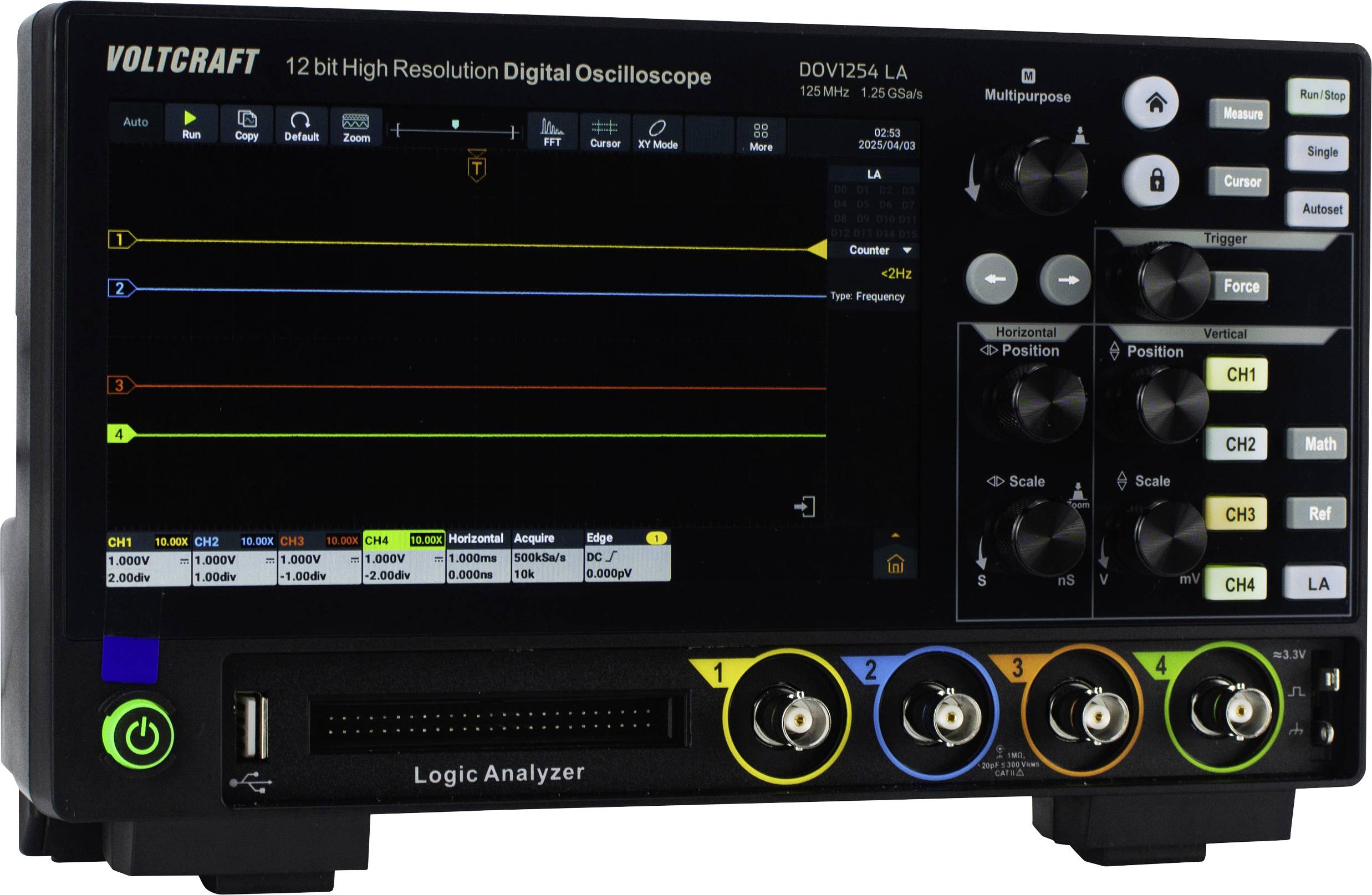 VOLTCRAFT DOV1254 LA Digital-Oszilloskop 125MHz 4-Kanal 1.25 GSa/s 100 Mpts 12 Bit Digital-Speicher (DSO), Logic-Analyser 1St.
