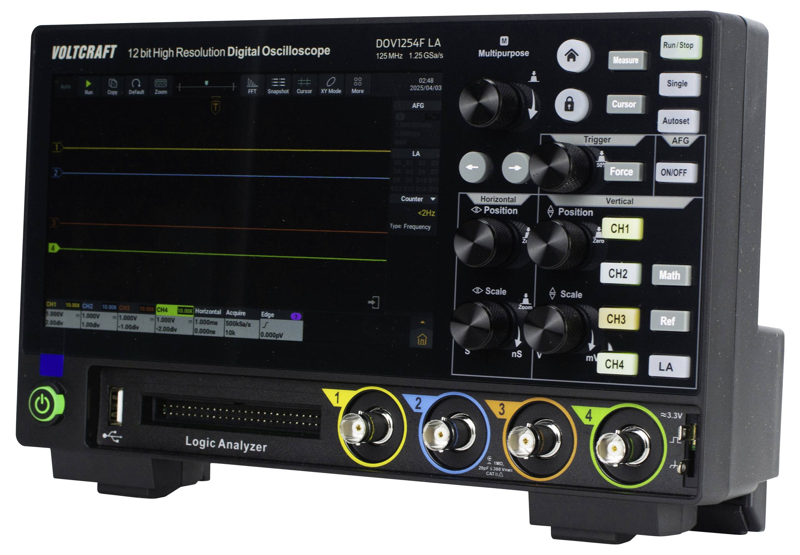 VOLTCRAFT DOV1254F LA Digital-Oszilloskop 125MHz 4-Kanal 1.25 GSa/s 100 Mpts 12 Bit Digital-Speicher (DSO), Funktionsgenerator