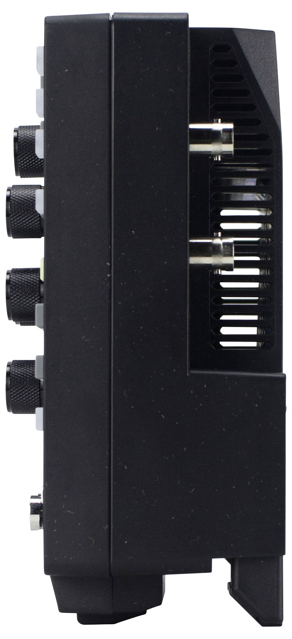 Ein schwarzes elektronisches Gerät von der Seite mit Knöpfen und Anschlüssen.