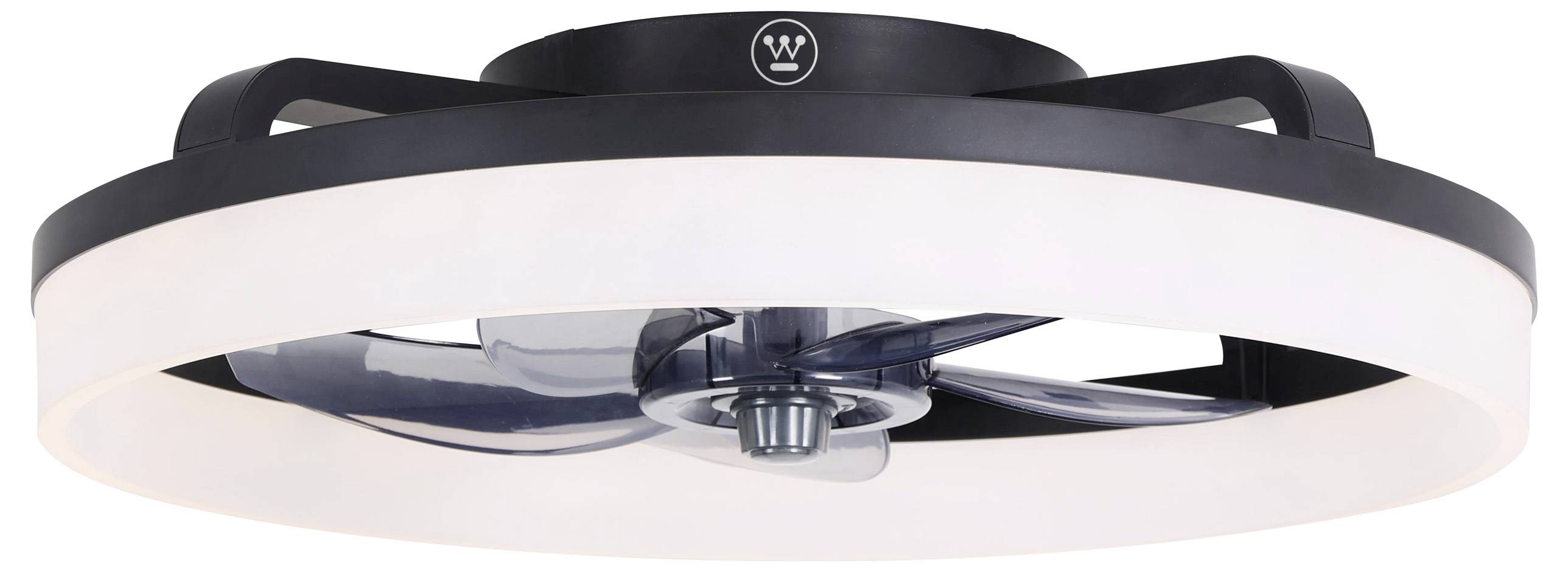 Deckenventilator mit integriertem LED-Licht, schwarzes Gehäuse, transluzente Rotorblätter, für moderne Beleuchtung und Luftzirkulation.