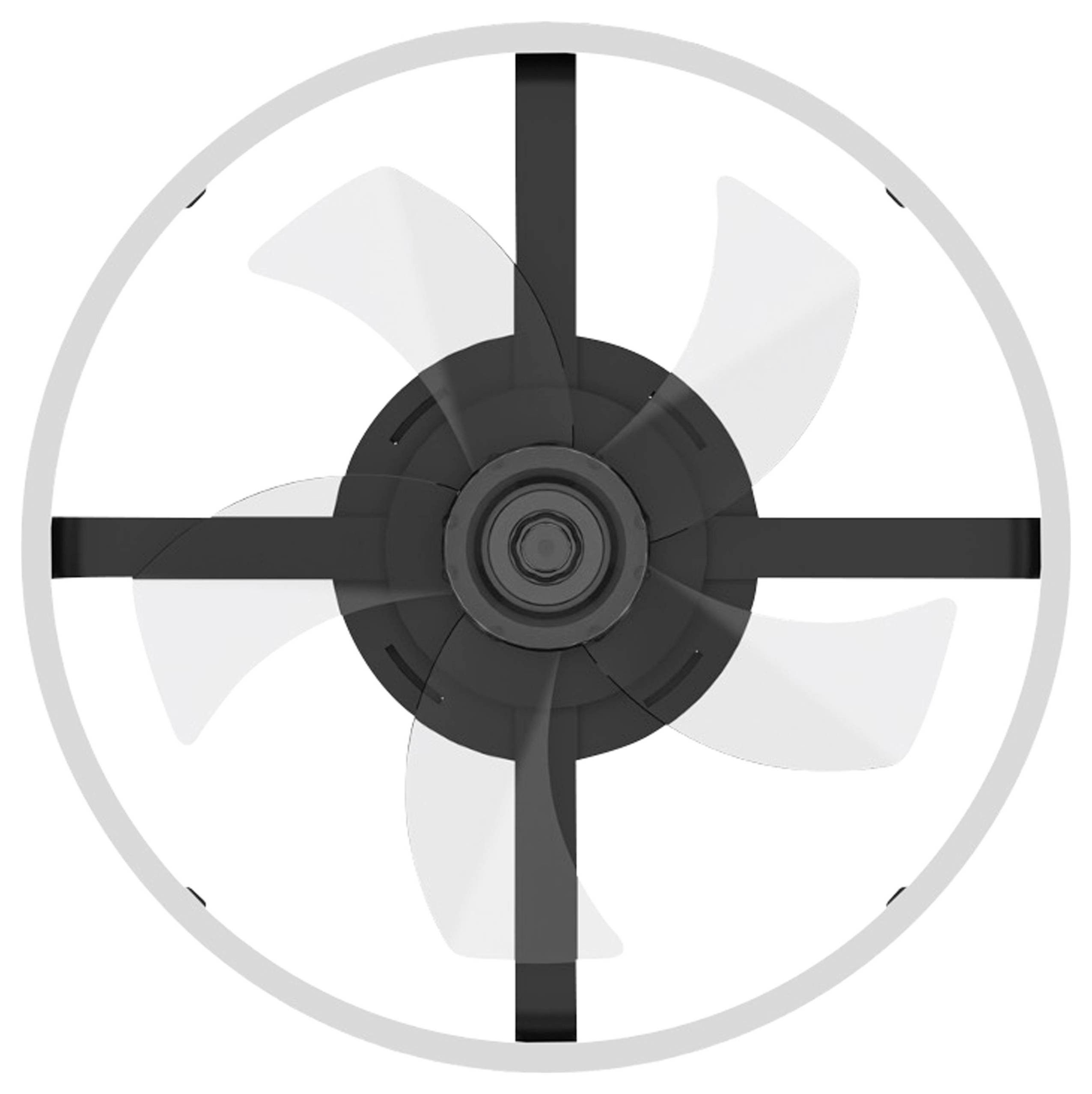 Ein schwarzer Ventilator mit einem grauen Schutzgitter ist von vorne sichtbar. Er hat fünf Blätter und ist zentriert im Bild.