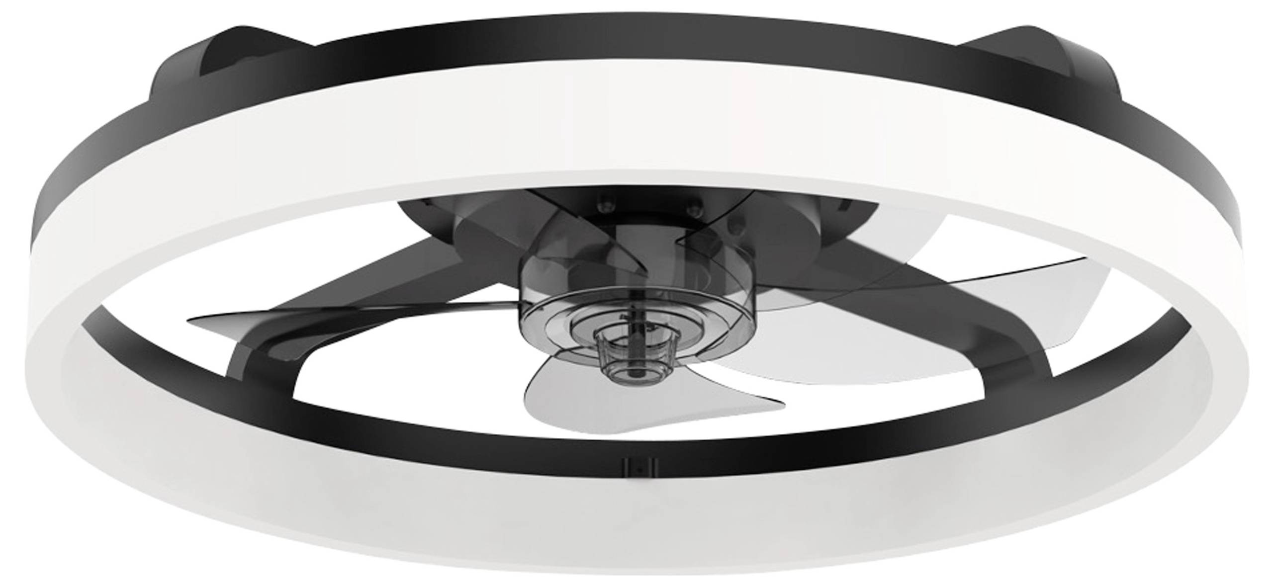 Moderne Deckenventilator-Leuchte mit weißem Ring und schwarzem Rotor; stilvolles Design für zeitgenössische Innenräume.