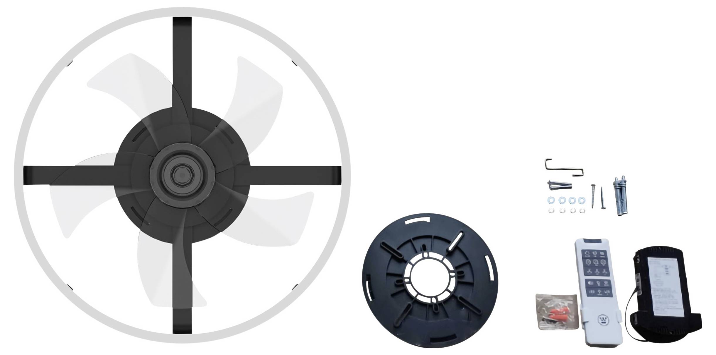 Deckenventilator-Set mit Fernbedienung, Montagematerial und Halterung. Ventilator in Schwarz mit fünf transparenten Flügeln.