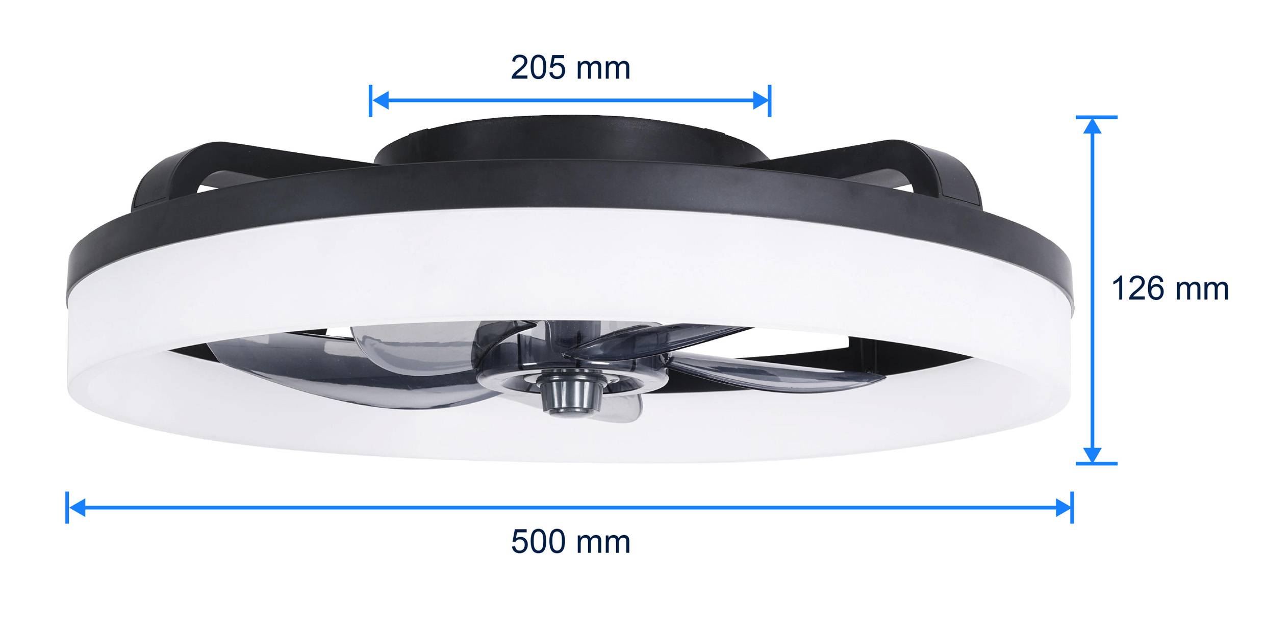 Ventilatorleuchte aus schwarzem Material mit LED-Ring, Durchmesser 500 mm, Höhe 126 mm.