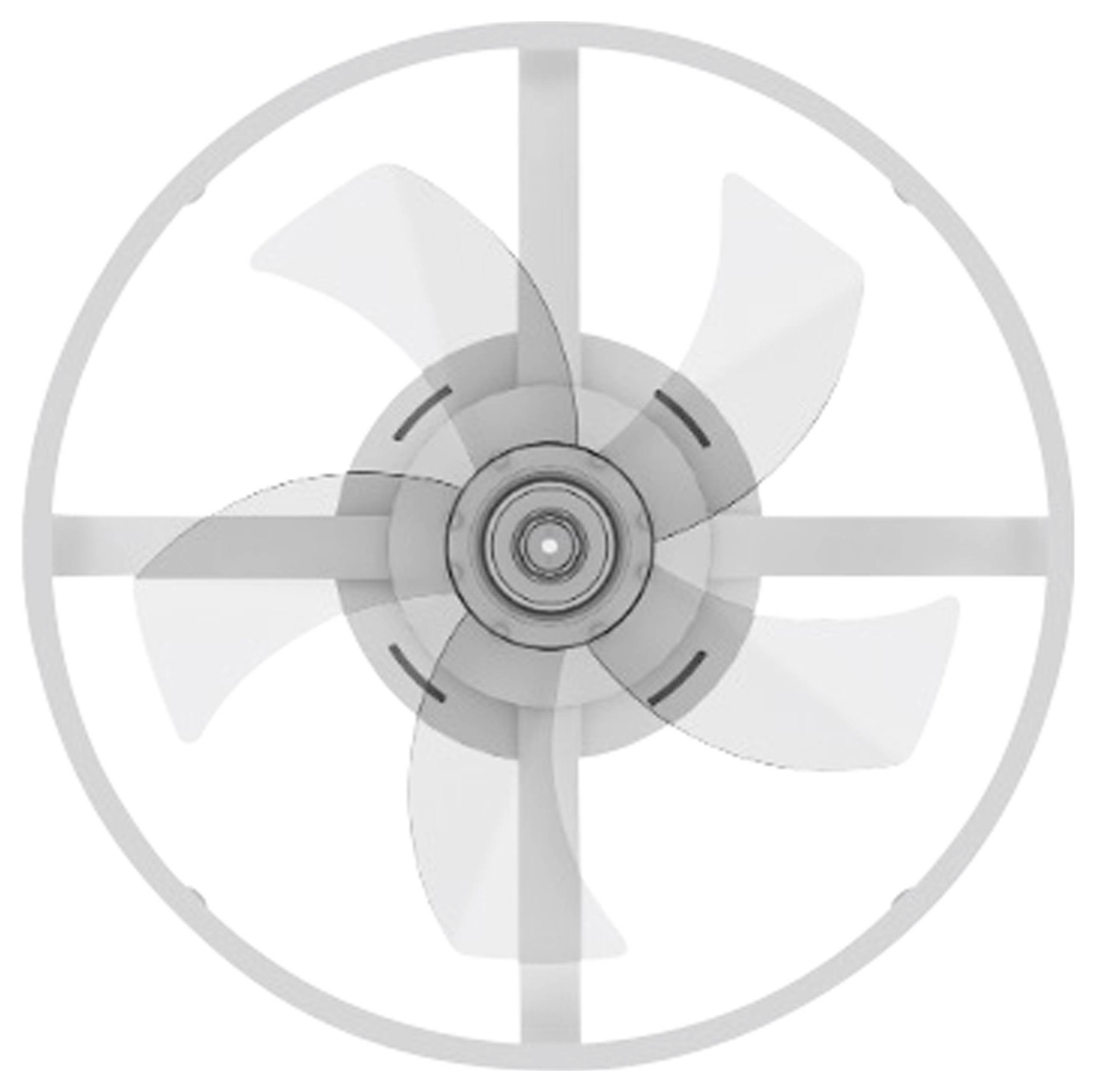 Ein grauer Ventilator mit fünf transparenten Flügeln in einem runden Gehäuse. Der Ventilator dreht sich, dargestellt in einer Draufsicht.