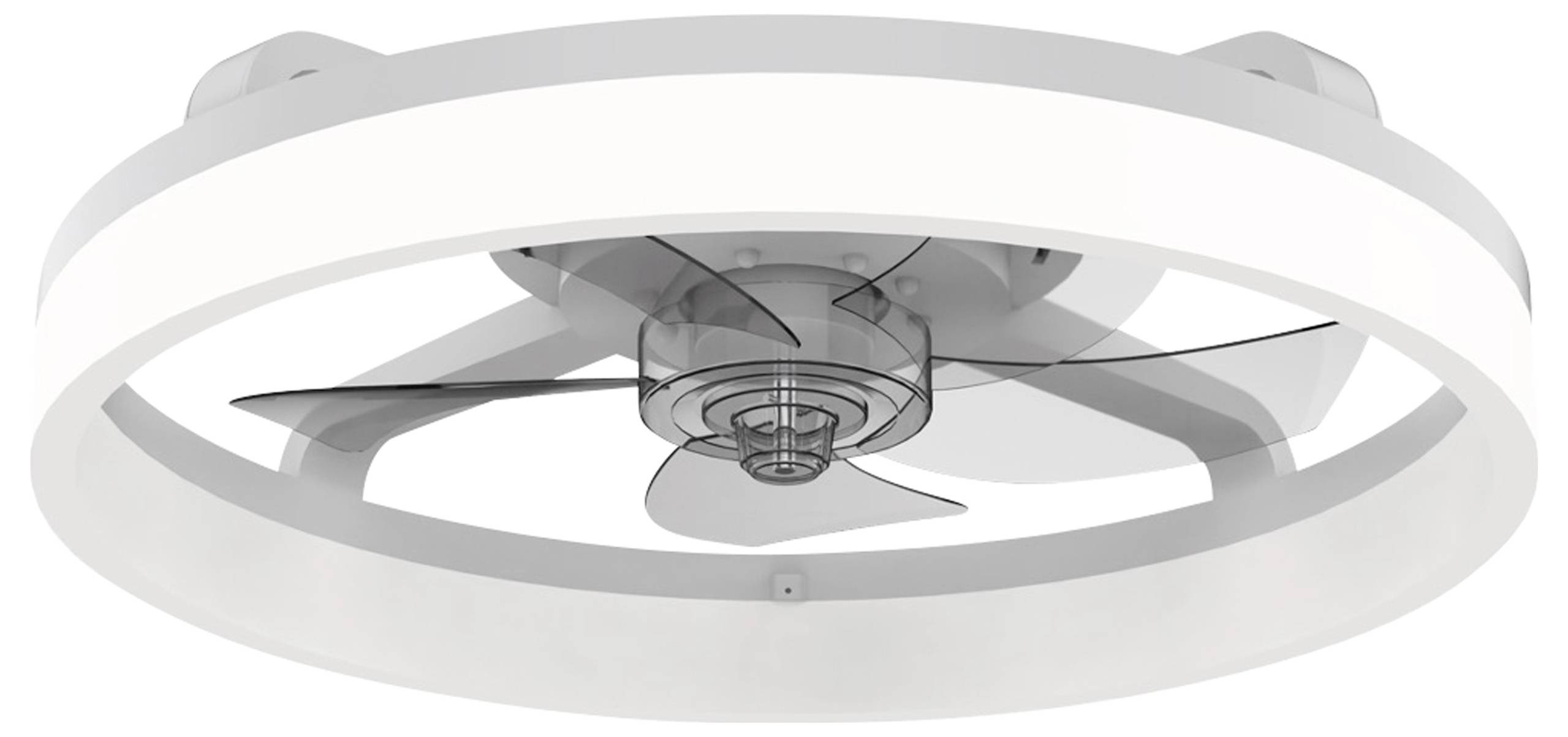 Ein weißer Deckenventilator mit einem runden, transparenten Gehäuse und drei Rotorblättern, modern designt für Wohnräume.