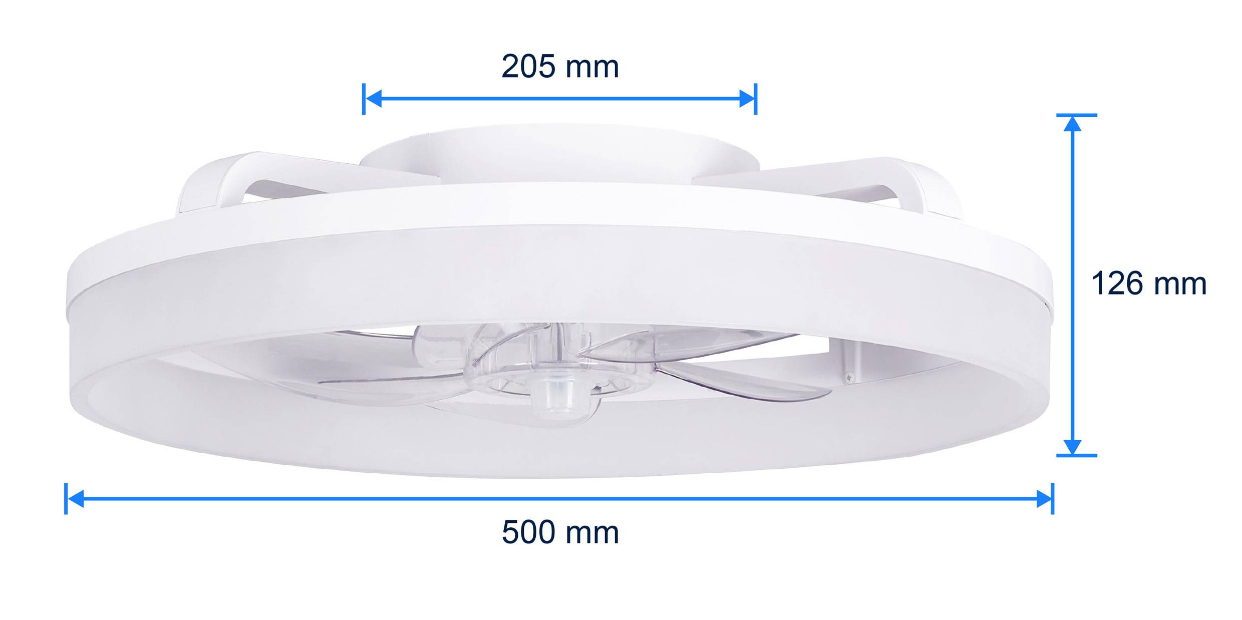 LED-Deckenleuchte mit Ventilator, Maße: Durchmesser 500 mm, Höhe 126 mm, Lüfterdurchmesser 205 mm.