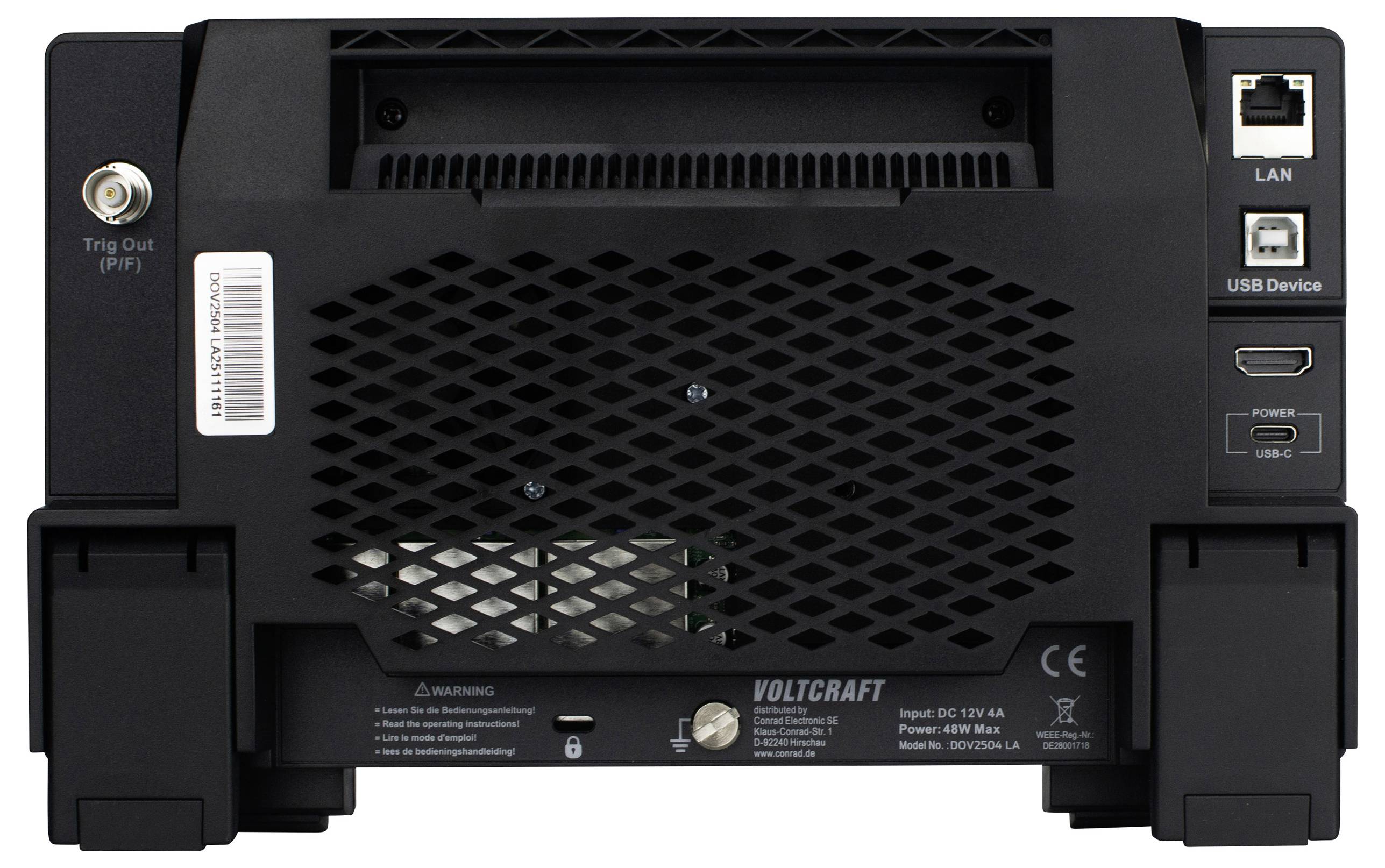 Rückansicht eines Voltcraft-Geräts mit LAN- und USB-Anschlüssen, Netzstecker und Ventilationsgitter. Enthält Sicherheitshinweise.