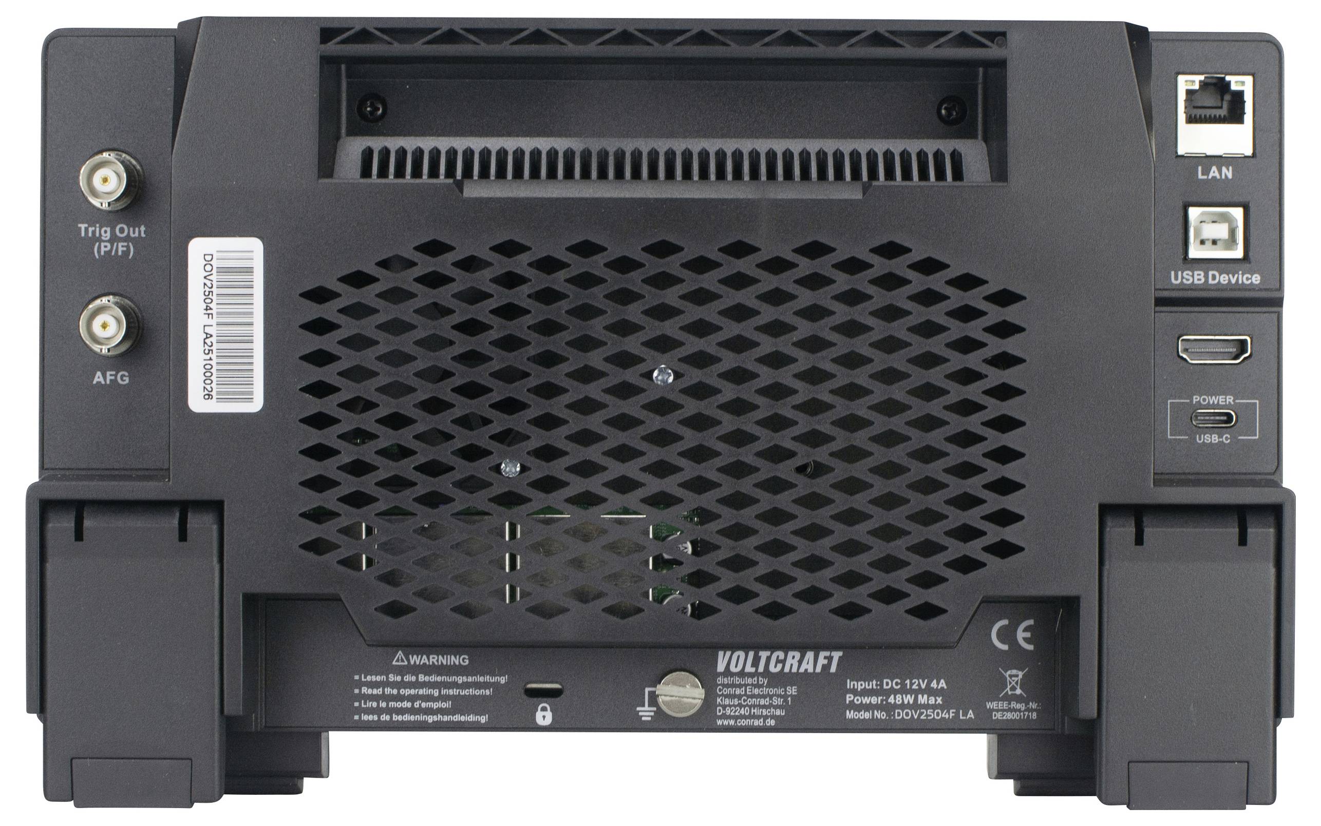 Rückansicht eines Voltcraft Geräts mit Anschlüssen für LAN, USB und HDMI. Lüftungsgitter und Warnhinweise sind sichtbar.