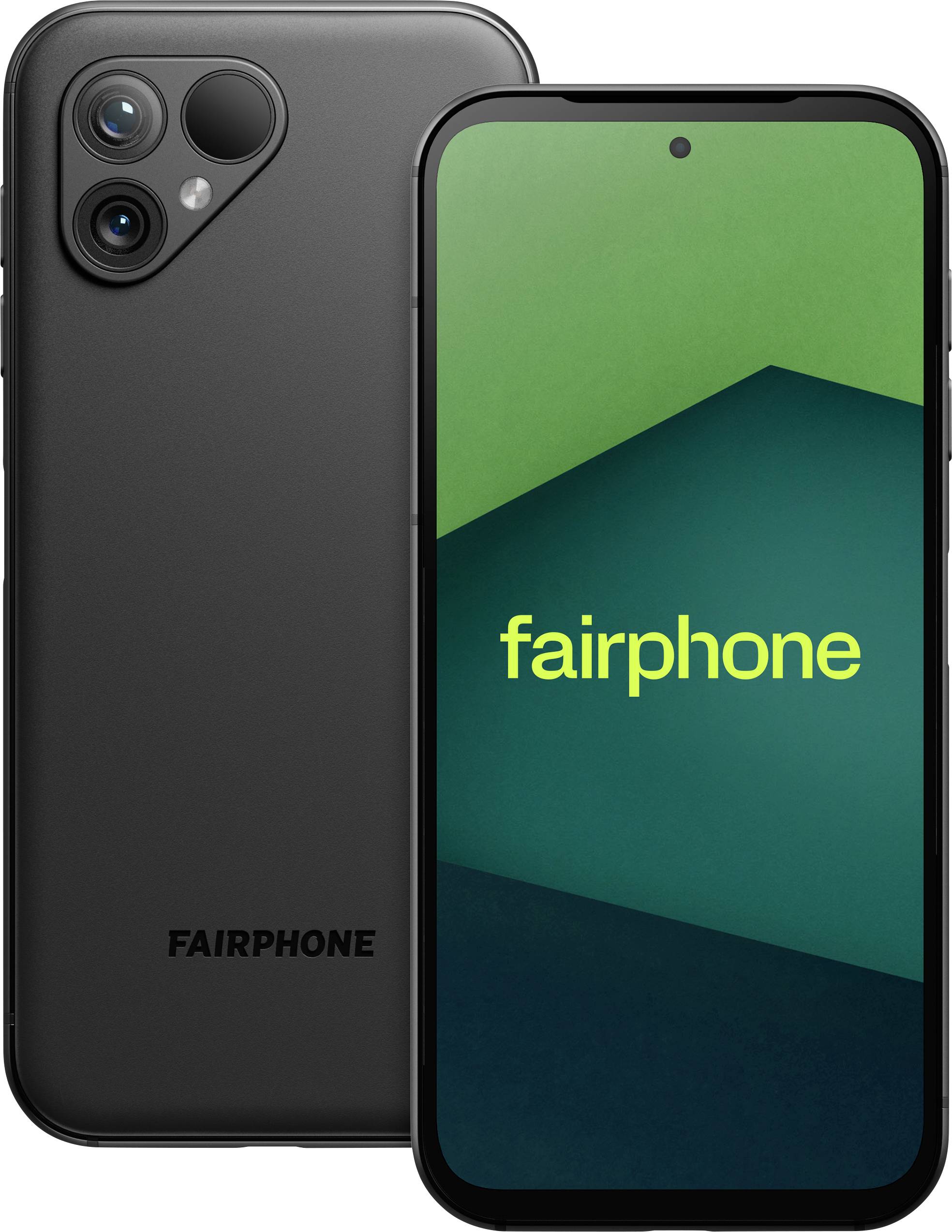 Ein schwarzes Fairphone-Smartphone mit zwei Rückkameras und einem grünen Bildschirm, der das Wort 
