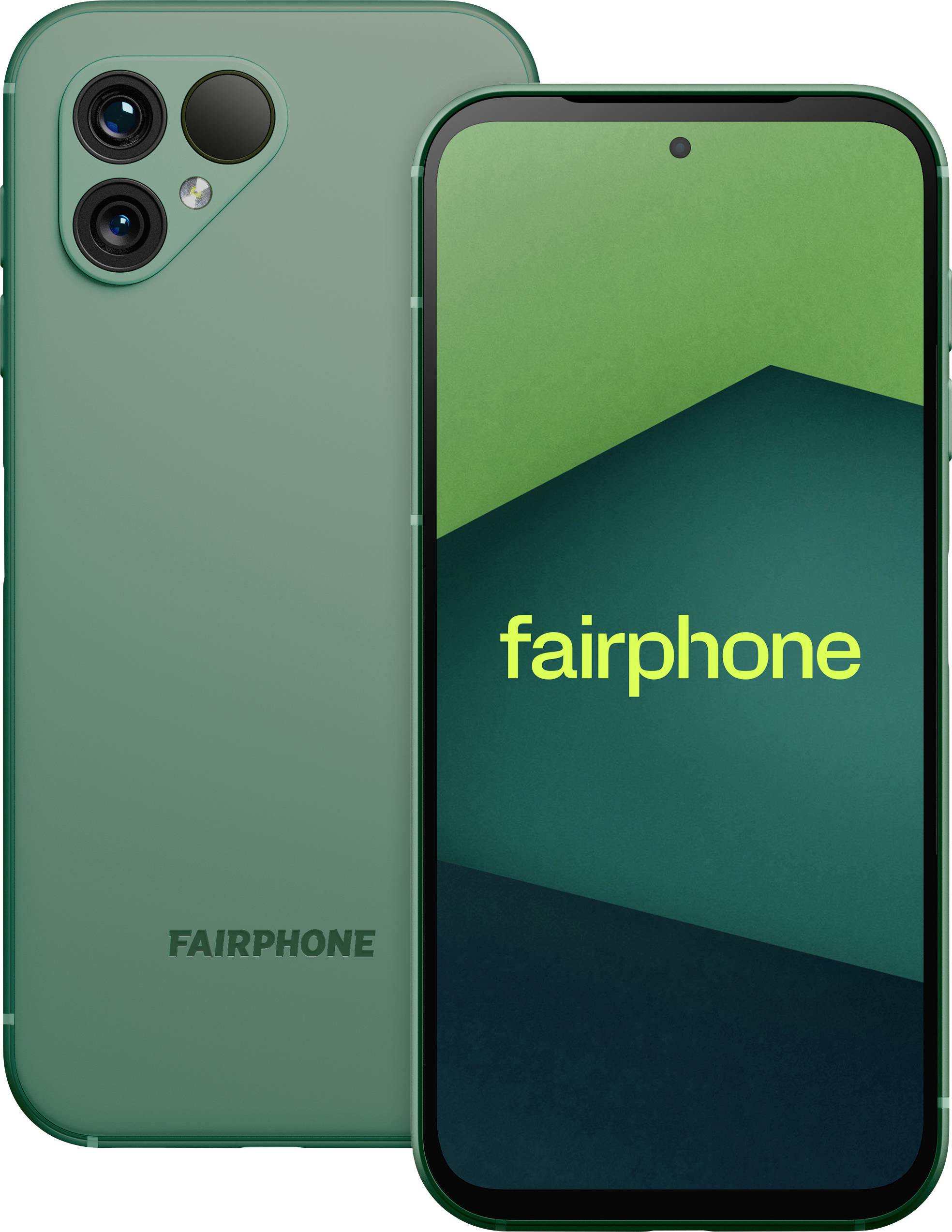 Ein grünes Smartphone mit dualen Rückkameras, auf dessen Bildschirm und Rückseite der Schriftzug 'fairphone' zu sehen ist, was fairen Handel und nachhaltige Materialien hervorhebt.