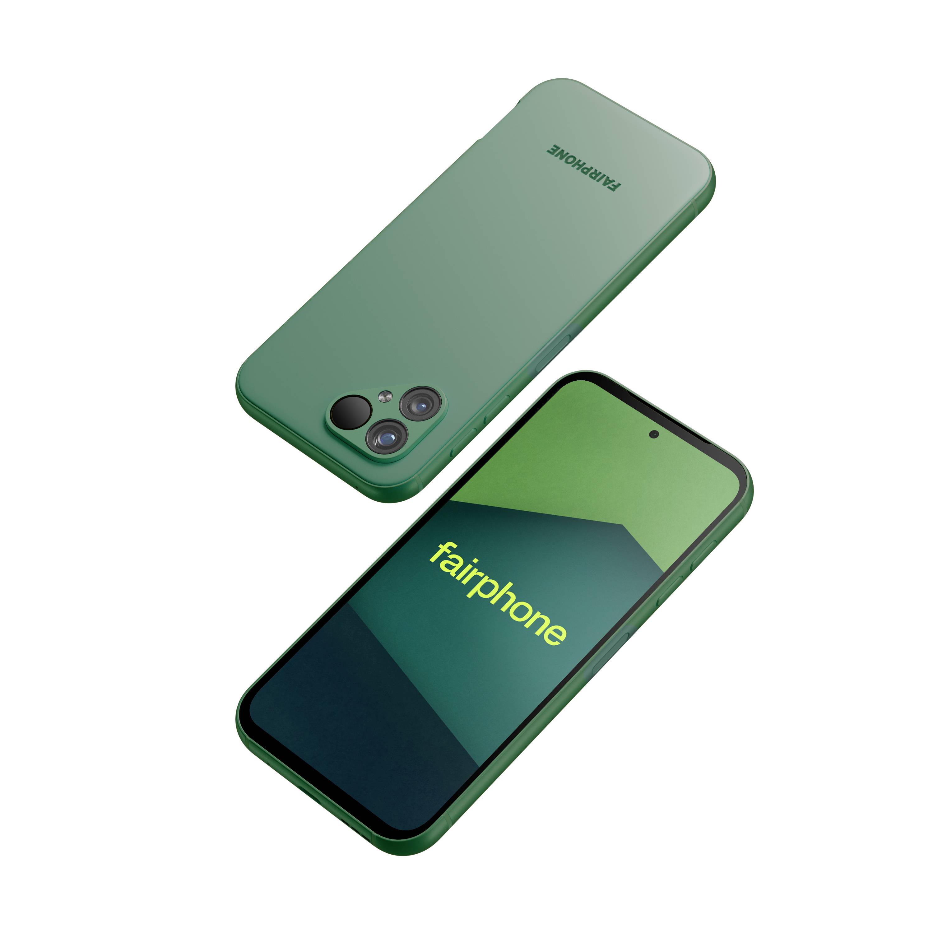 Ein grünes Smartphone mit dualen Rückkameras und einem Display, auf dem der Text 