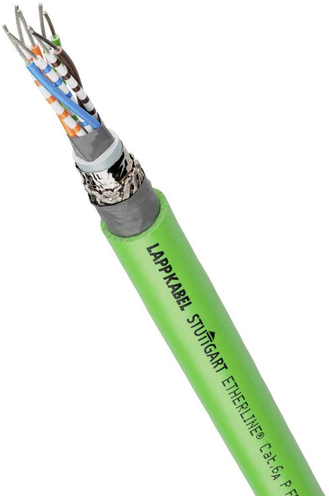 Ein grünes Datenkabel mit freigelegten, mehrfarbigen Drahtpaaren und der Aufschrift 'LAPP KABEL STUTTGART ETHERLINE cat.6A FD'.