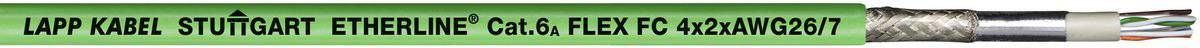 Grünes Kabel mit Aufschrift 'LAPP KABEL STUTTGART ETHERLINE® CAT.6A FLEX 4x2xAWG27'.