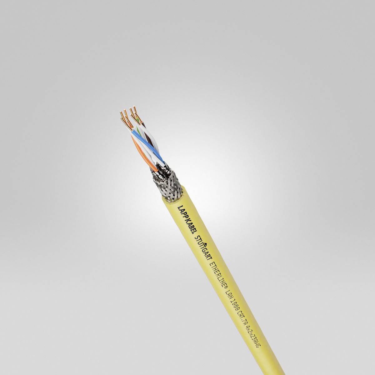 Ein gelbes, ungeschirmtes Industriekabel mit mehreren Adern in unterschiedlichen Farben, geeignet für Ethernet- und Profinet-Anwendungen.