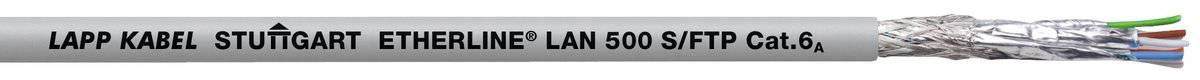Graues LAN-Kabel mit der Aufschrift 'LAPP KABEL STUTTGART ETHERLINE LAN 500 S/FTP CAT.6', zeigt freiliegende bunte Drähte am Ende.