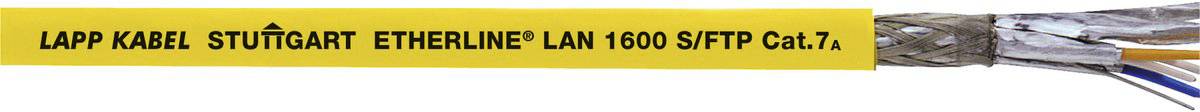 Gelbes Netzwerkkabel mit der Aufschrift 'LAPP KABEL STUTTGART ETHERLINE® LAN 1600 S/FTP Cat.7.', zeigt die Marken- und Kabelspezifikationen.