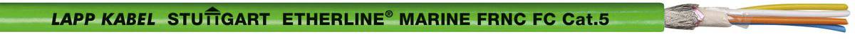 Grünes Kabel mit der Aufschrift 'LAPP KABEL STUTTGART ETHERLINE MARINE FRNC C 0.5'. Mehrere farbige Adern im Kabel sichtbar.