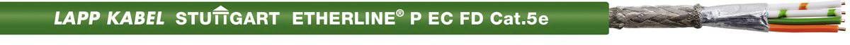 Grünes Kabel mit der Aufschrift 'LAPP KABEL STUTTGART ETHERLINE P CAT.6 FD C'. Kabel mit mehreren farbigen Leitern innen.