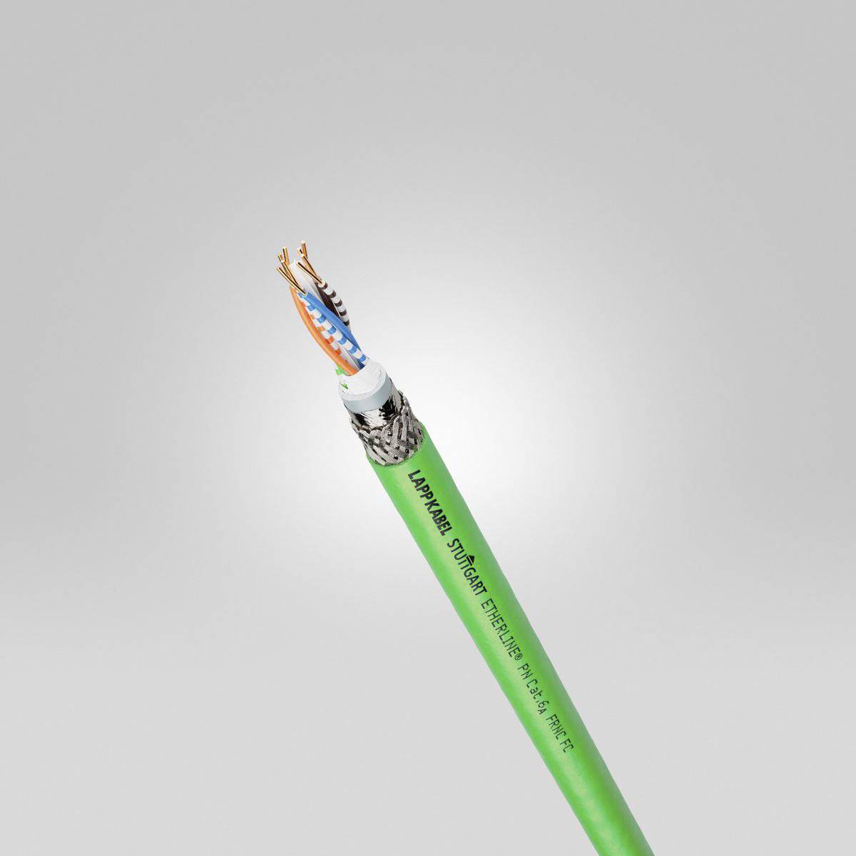Ein grünes Ethernet-Kabel mit offenliegendem Kupferdrähten und einer Beschriftung.