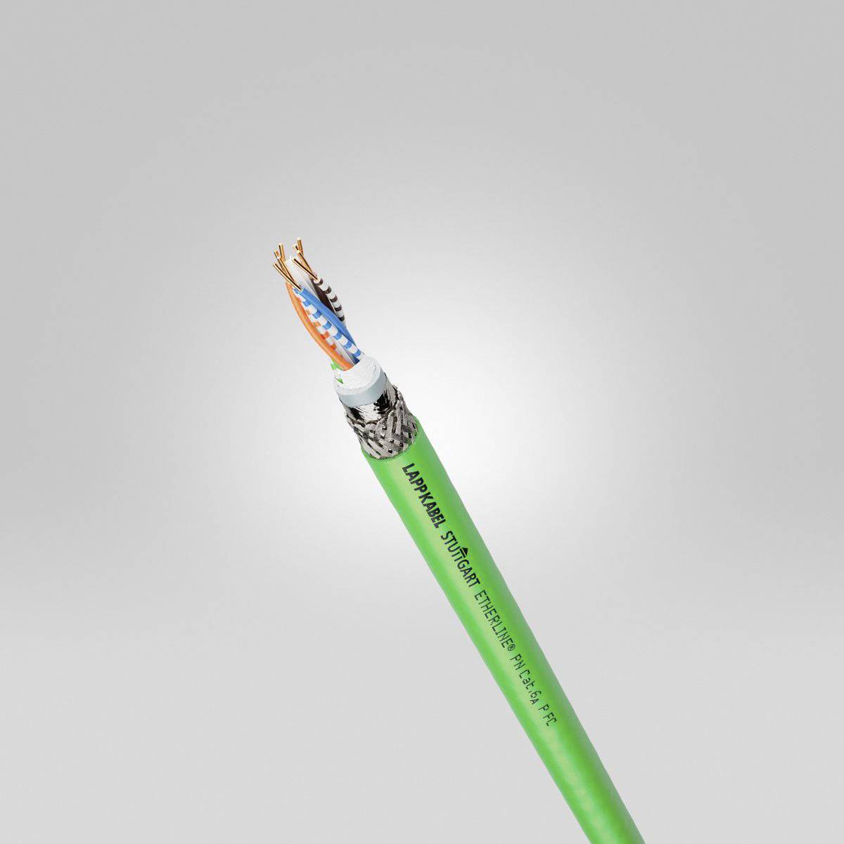 Grünes Kabel mit durchsichtiger Ummantelung, zeigt innenliegende, farblich markierte Drähte.