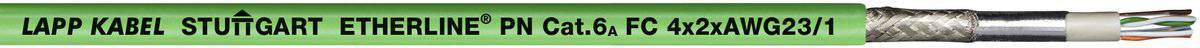 Grünes Kabel mit der Aufschrift 'LAPP KABEL STUTTGART ETHERLINE' und technischen Spezifikationen, Metallflechtung und Draht sichtbar.